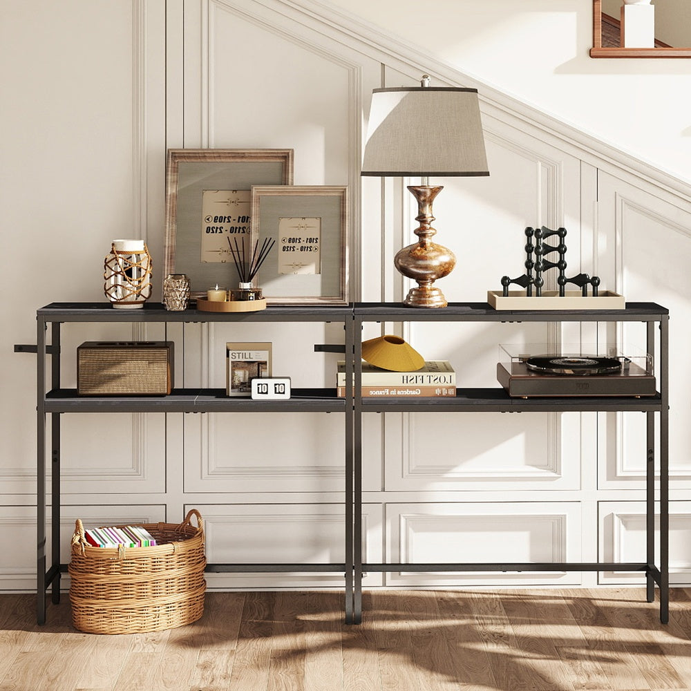 2-Tier Slim Sofa Table for Hallway - Wood and Steel - Charcoal Grey And Ink Black