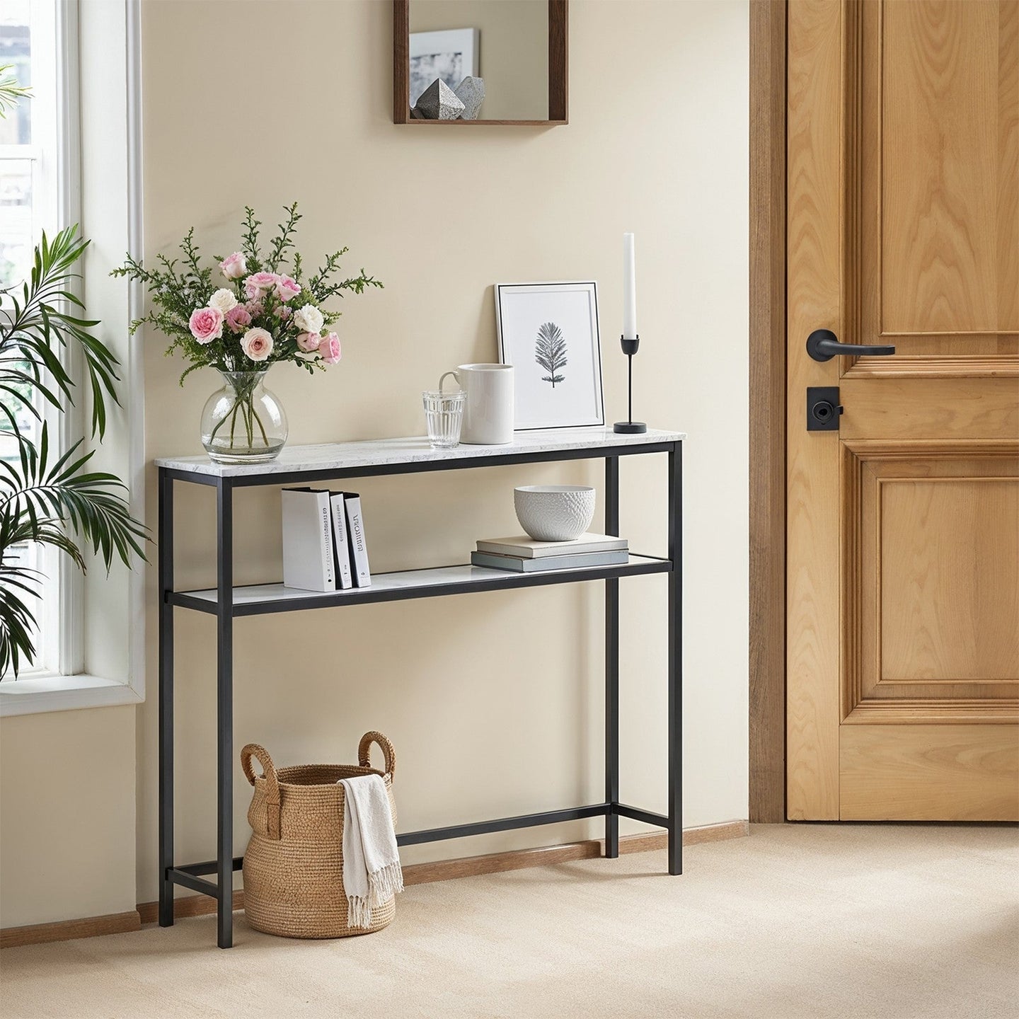 Console Table - Wood - Marble White and Ink Black