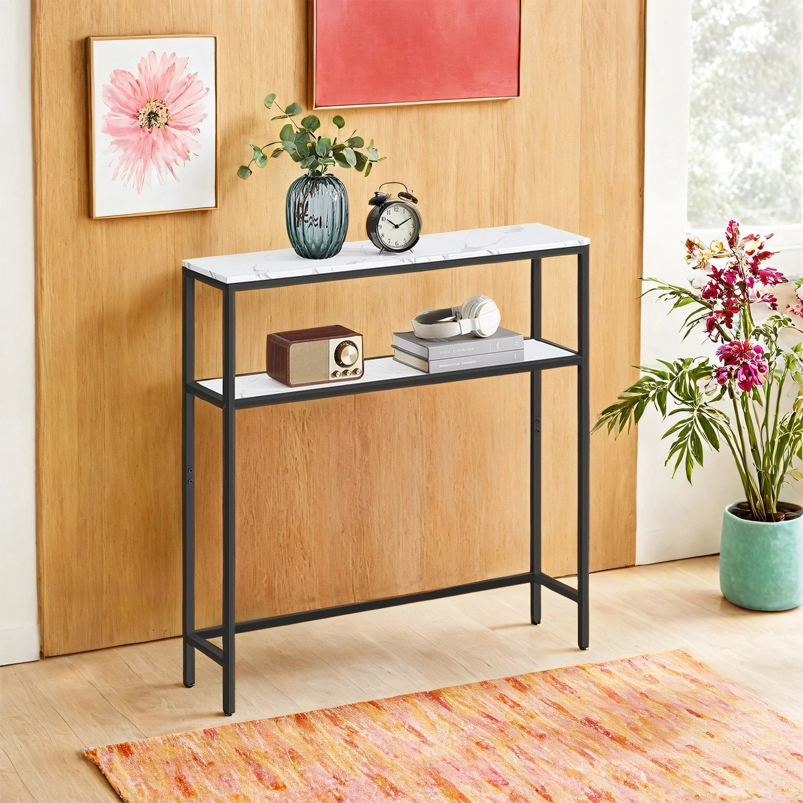 Console Table - Wood - Marble White and Ink Black