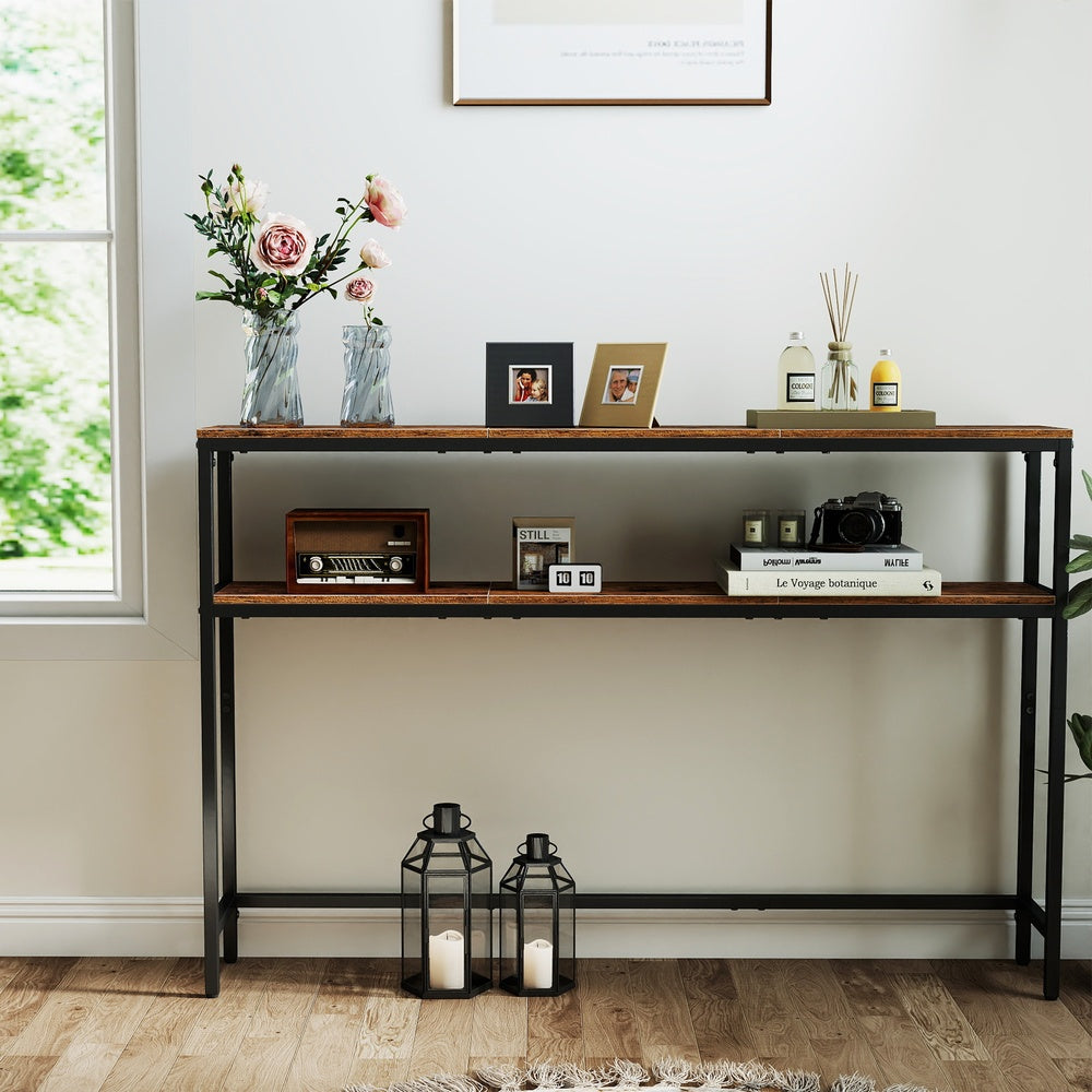 Sofa Table - Wood and Steel - Brown - with Shelves