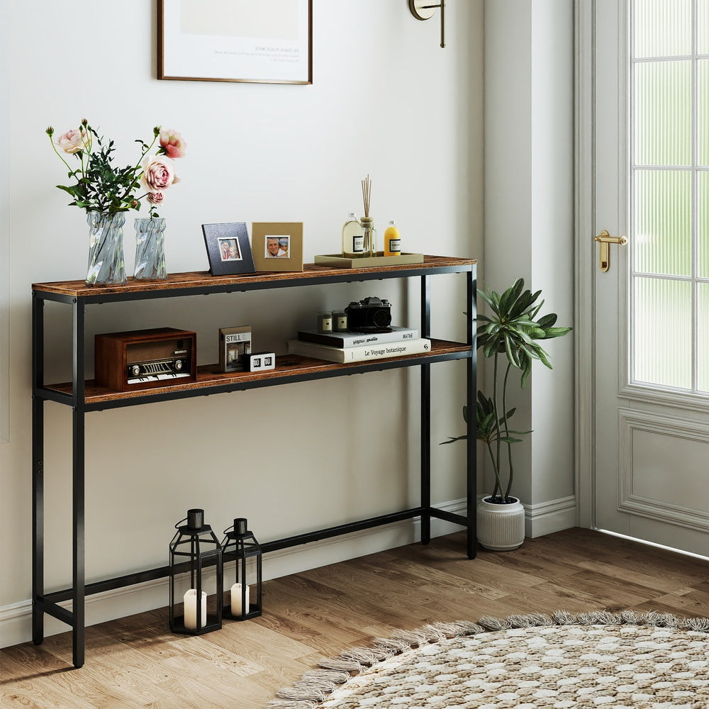 Sofa Table - Wood and Steel - Brown - with Shelves