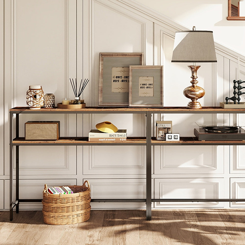 Sofa Table - Wood and Steel - Brown - with Shelves