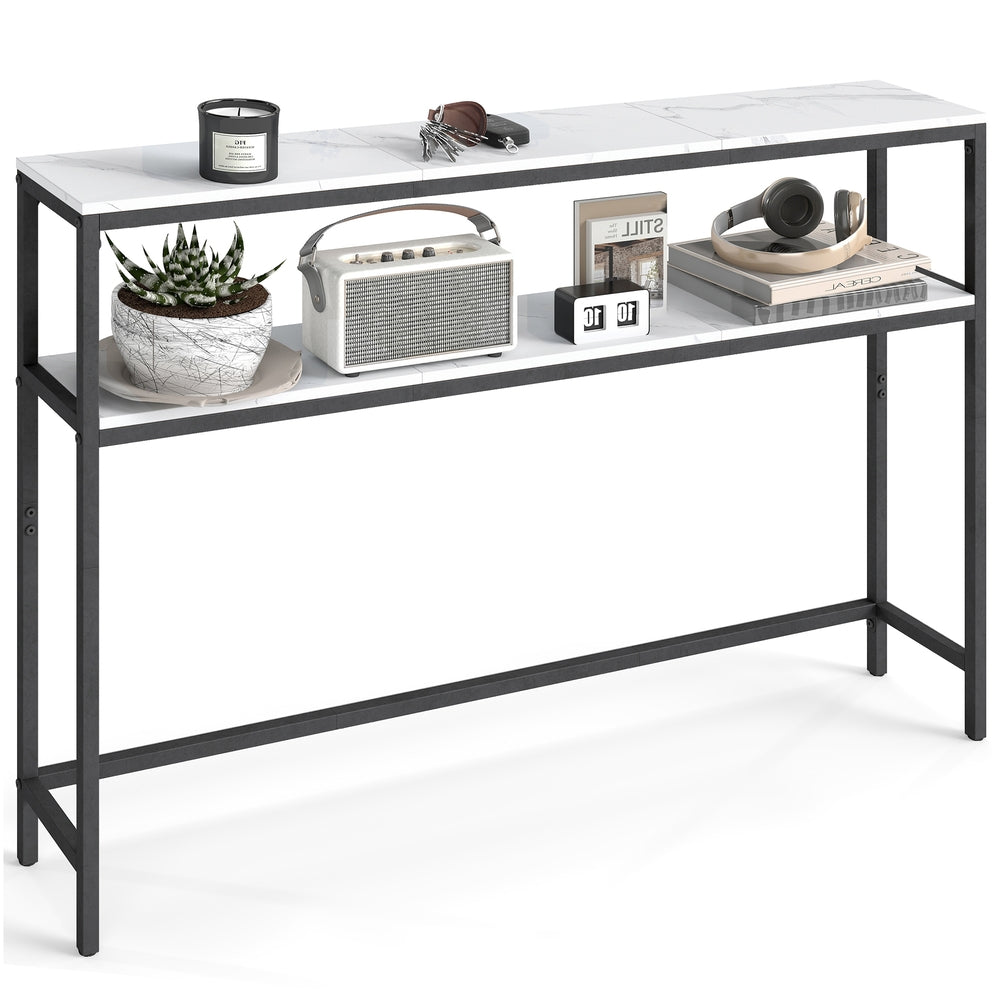 2-Tier Console Table for Hallway - Wood and Steel - Marble White and Ink Black