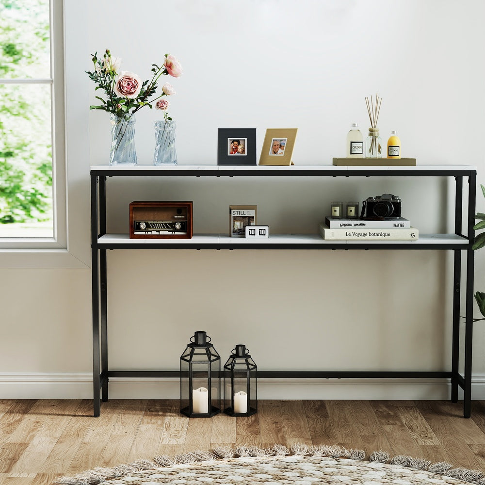 2-Tier Console Table for Hallway - Wood and Steel - Marble White and Ink Black