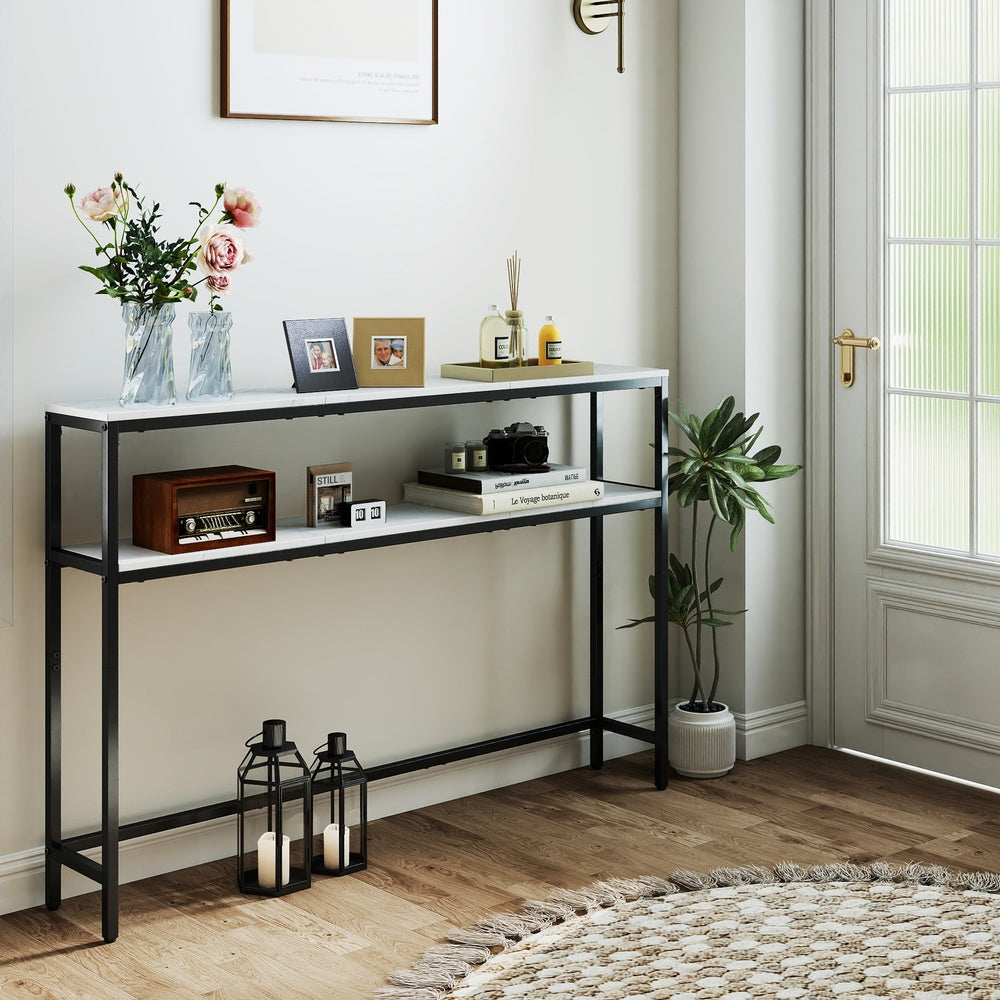 2-Tier Console Table for Hallway - Wood and Steel - Marble White and Ink Black