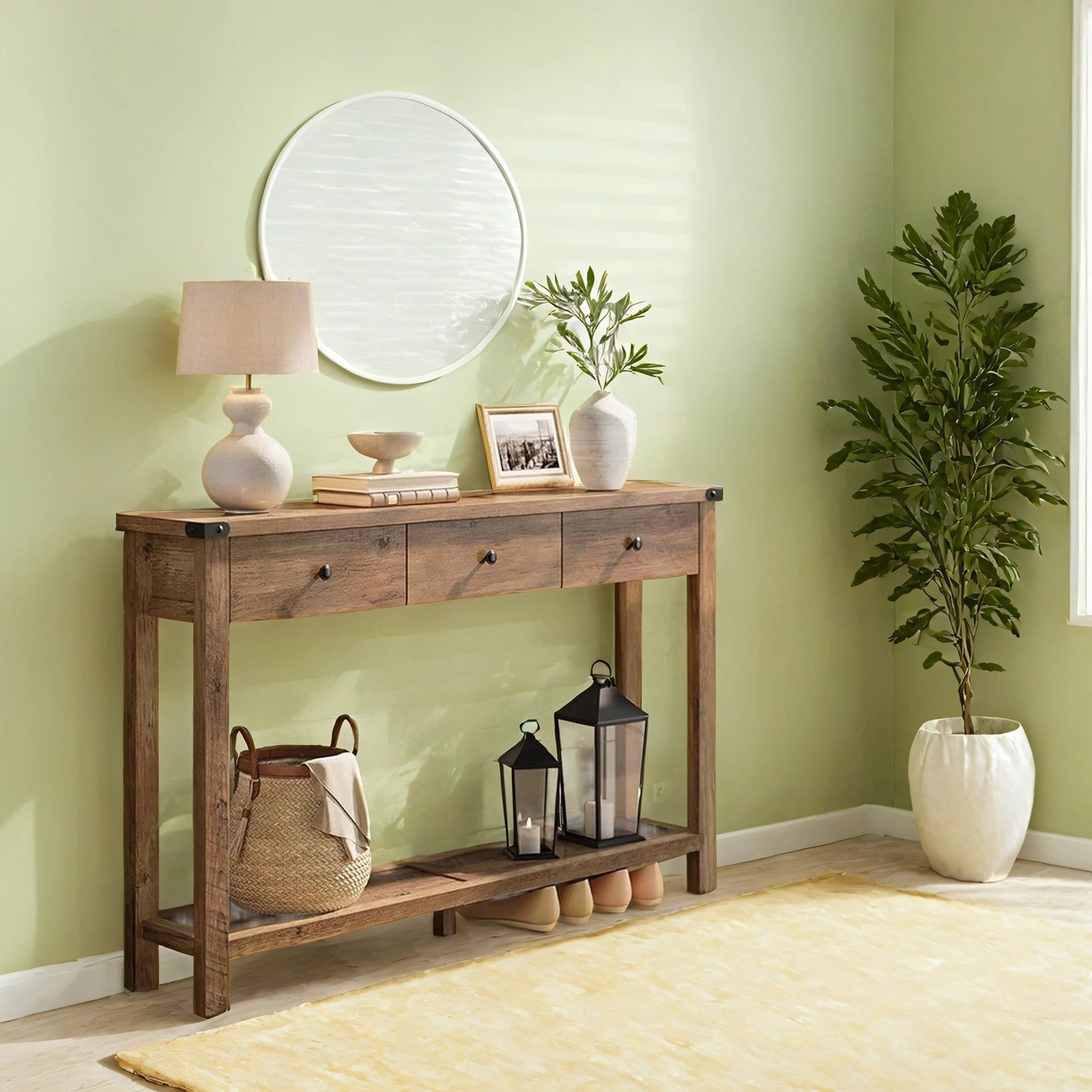 Console Table - Wood - Rustic Walnut - Narrow Design with 3 Drawers and Open Shelf