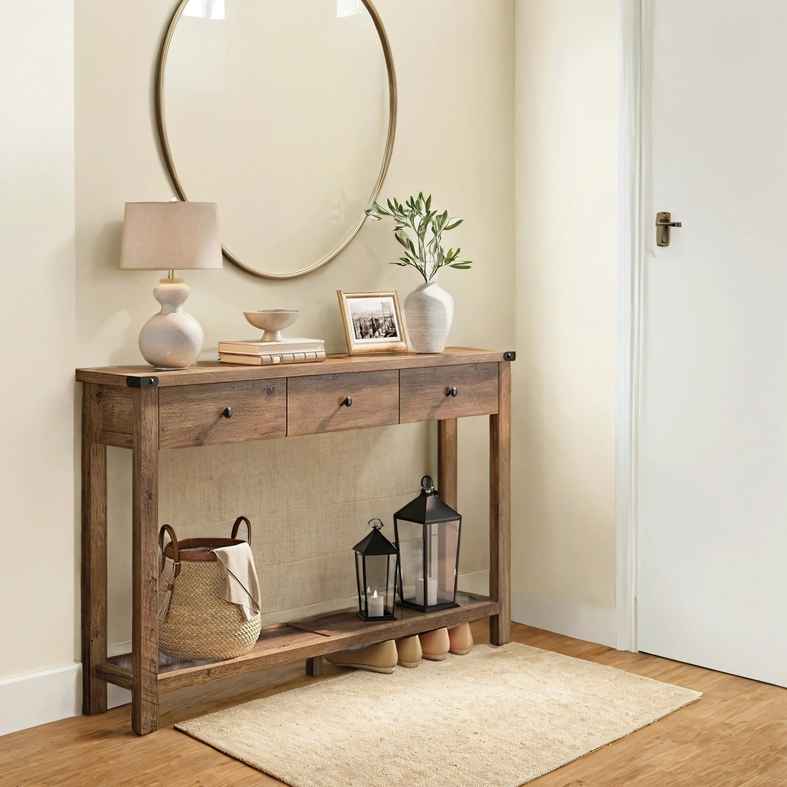 Console Table - Wood - Rustic Walnut - Narrow Design with 3 Drawers and Open Shelf