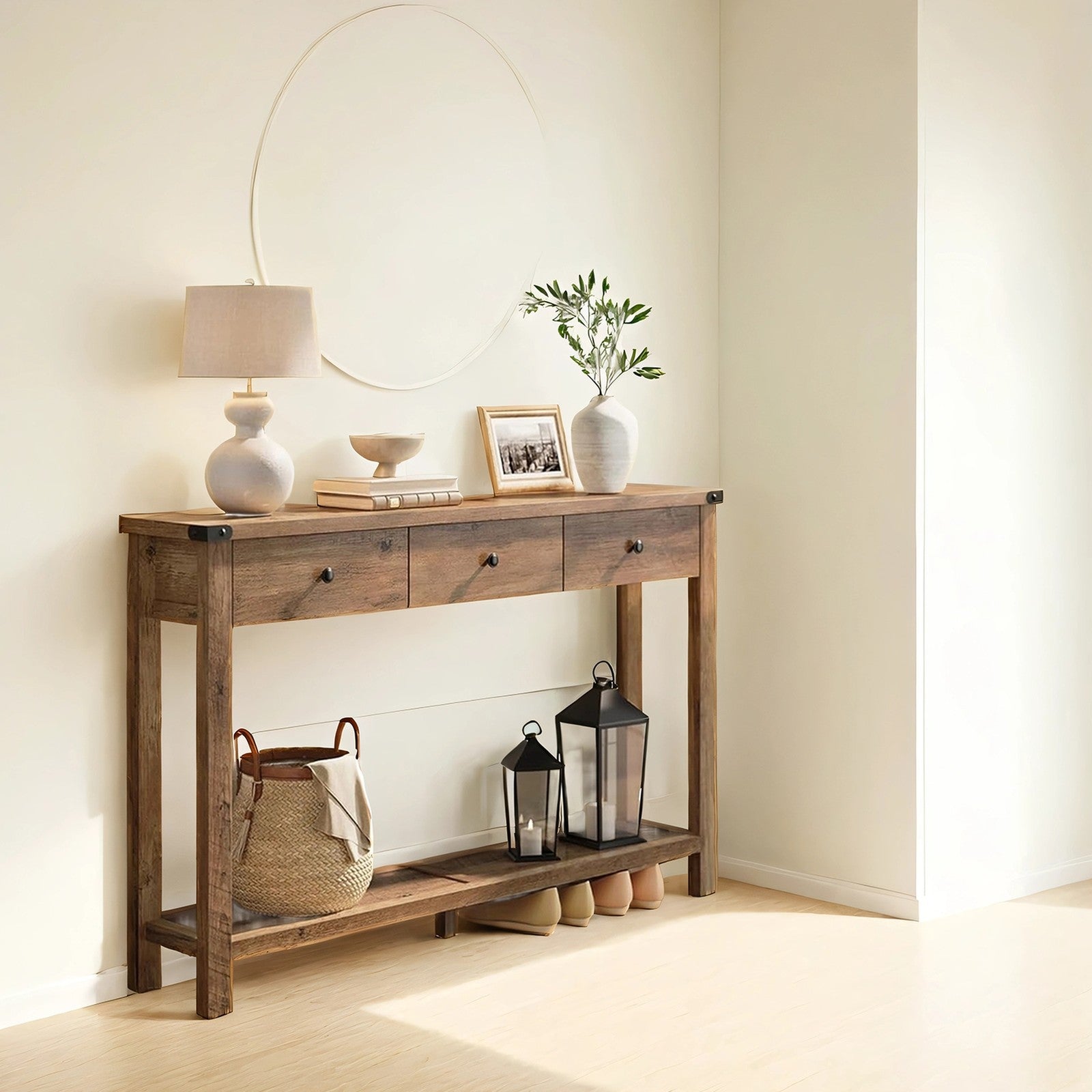 Console Table - Wood - Rustic Walnut - Narrow Design with 3 Drawers and Open Shelf