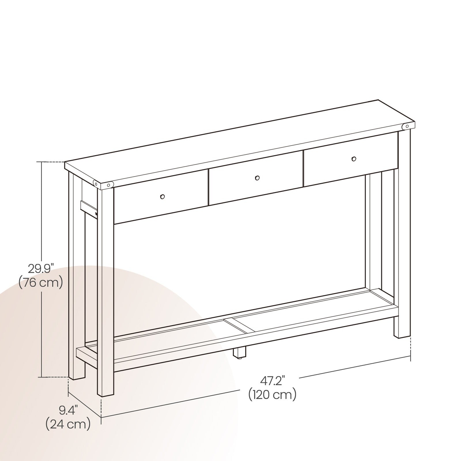Console Table - Wood - Rustic Walnut - Narrow Design with 3 Drawers and Open Shelf