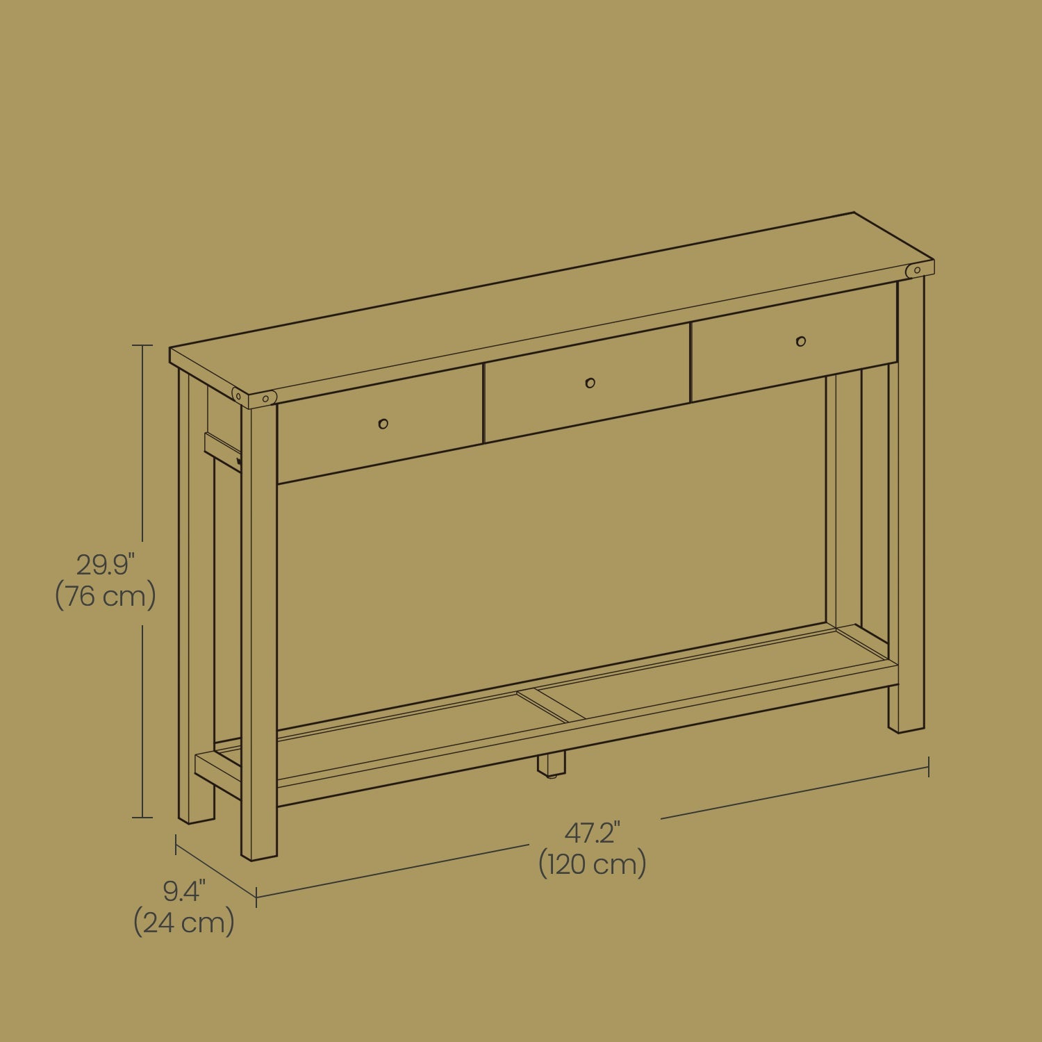Console Table - 30L - Solid Wood - 3 Drawers