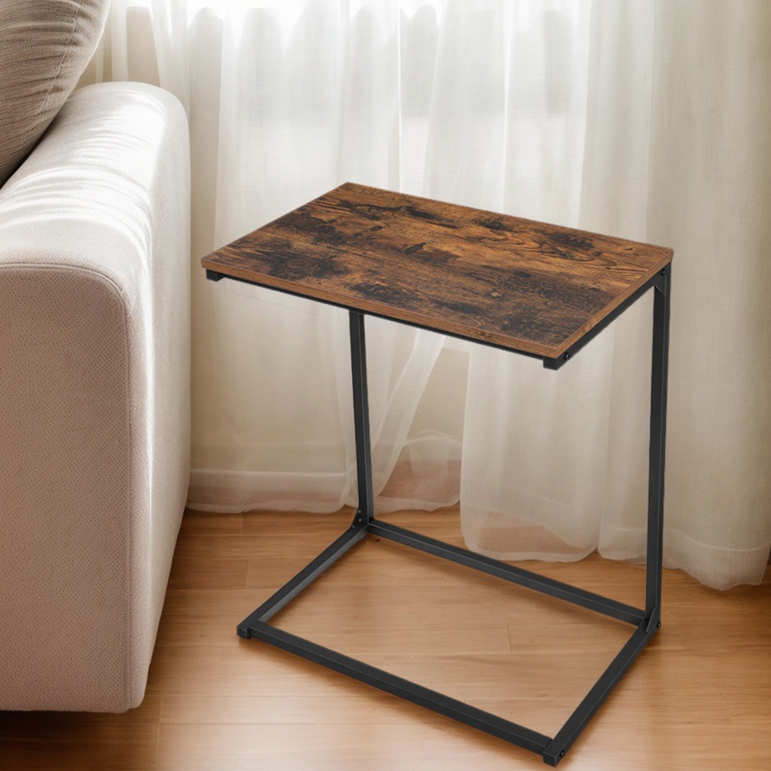 C-Shaped Side Table - Steel - Rustic Brown and Black - Ideal for Living Room and Bedroom