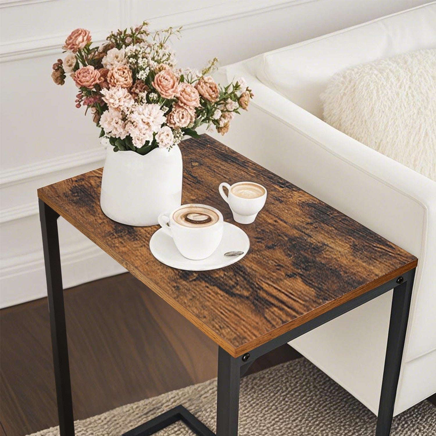 C-Shaped Side Table - Steel - Rustic Brown and Black - Ideal for Living Room and Bedroom