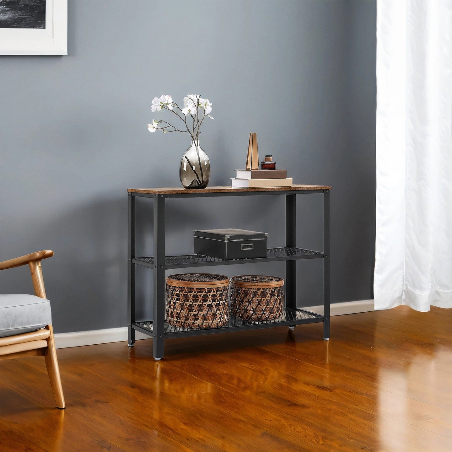 Narrow Console Table - Iron - Rustic Brown - 3-Tier Design with Mesh Shelves