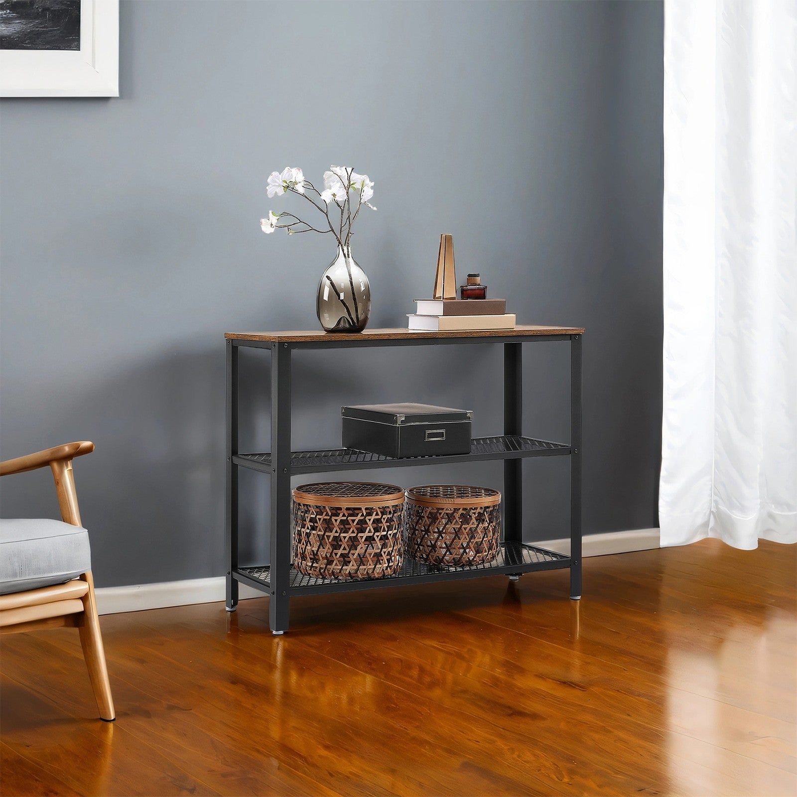 Narrow Console Table - Iron - Rustic Brown - 3-Tier Design with Mesh Shelves