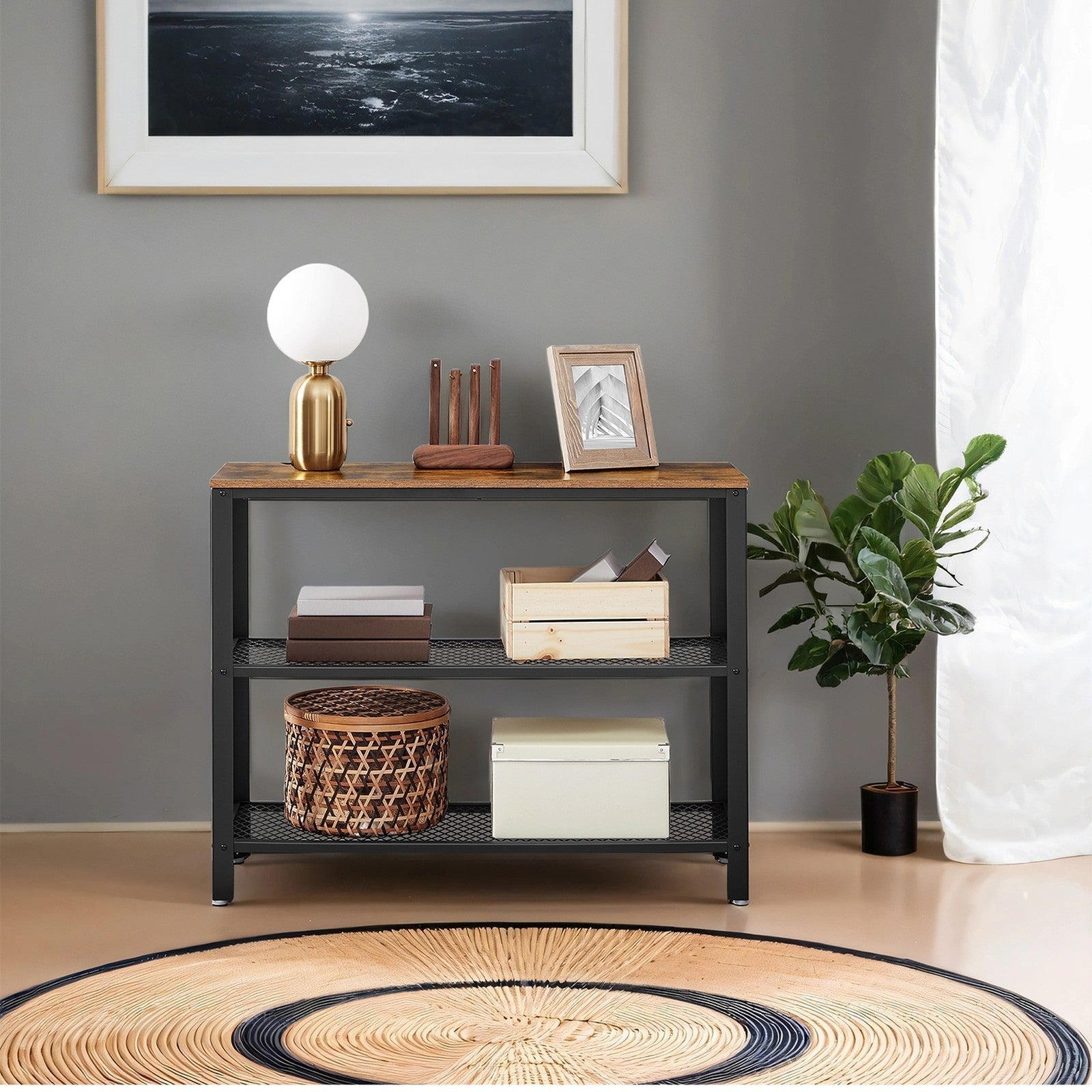 Narrow Console Table - Iron - Rustic Brown - 3-Tier Design with Mesh Shelves