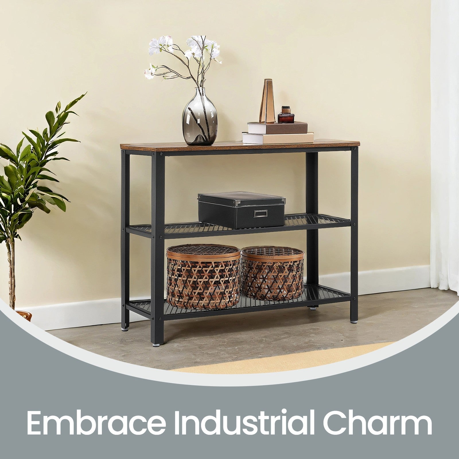 Narrow Console Table - Iron - Rustic Brown - 3-Tier Design with Mesh Shelves