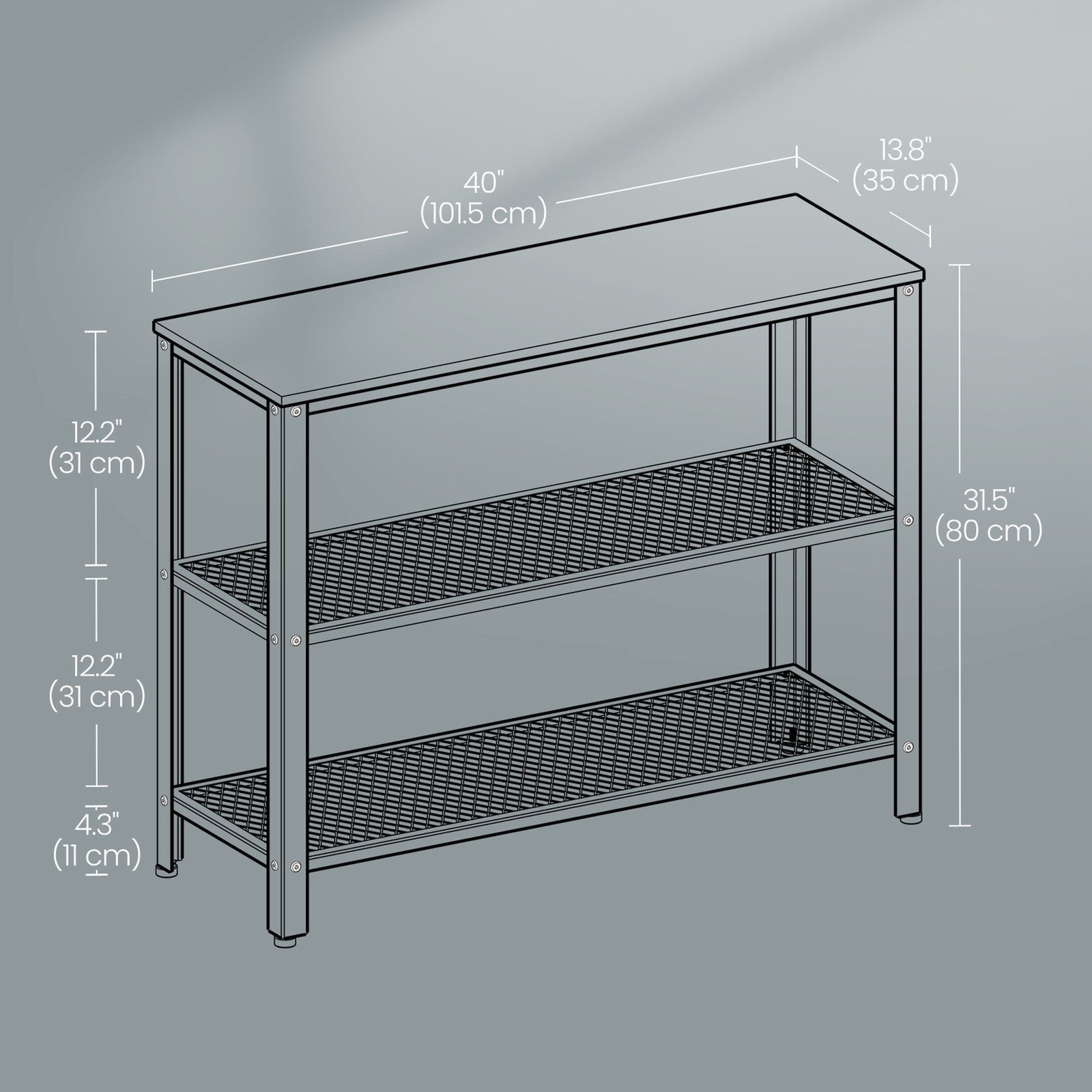 Narrow Console Table - Iron - Rustic Brown - 3-Tier Design with Mesh Shelves