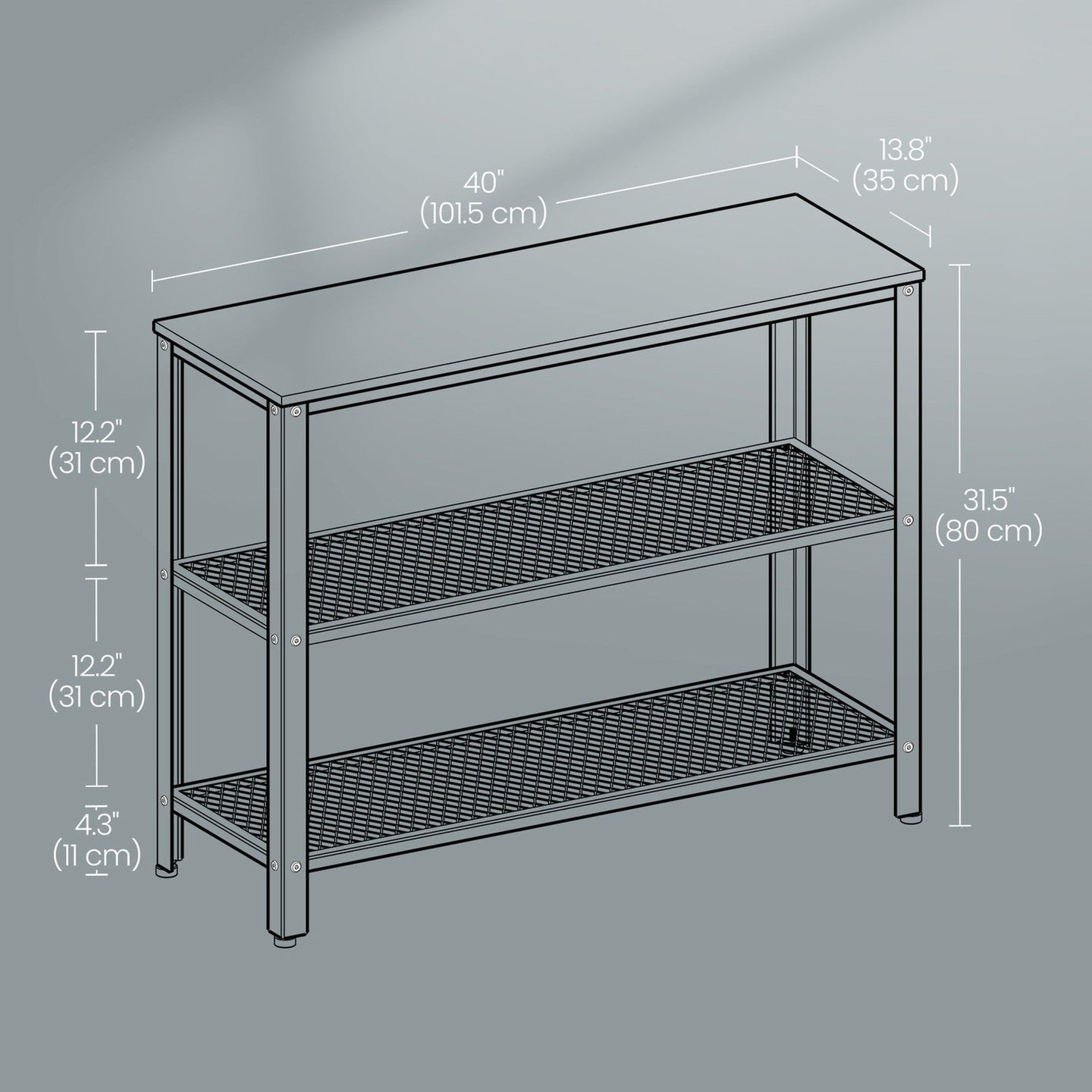Narrow Console Table - Iron - Rustic Brown - 3-Tier Design with Mesh Shelves