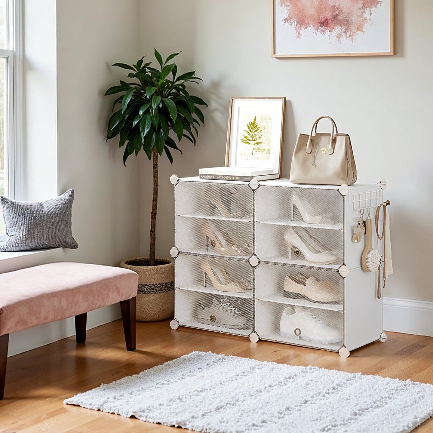 Interlocking Shoe Rack - Plastic - Cloud White - 12-Slot Modular Design with Steel Frame
