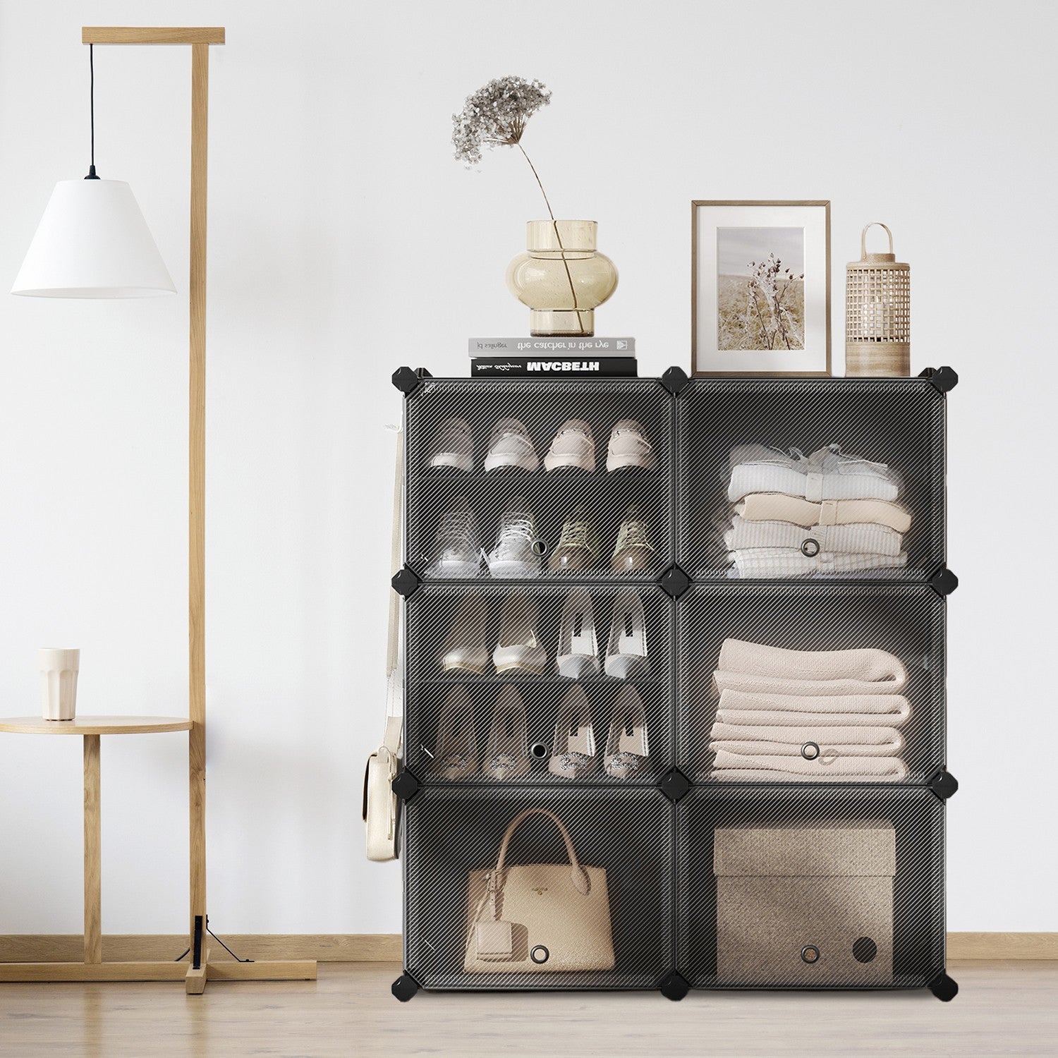 Modular Shoe Rack - Plastic - Black - Interlocking 12-Slot Design with Doors