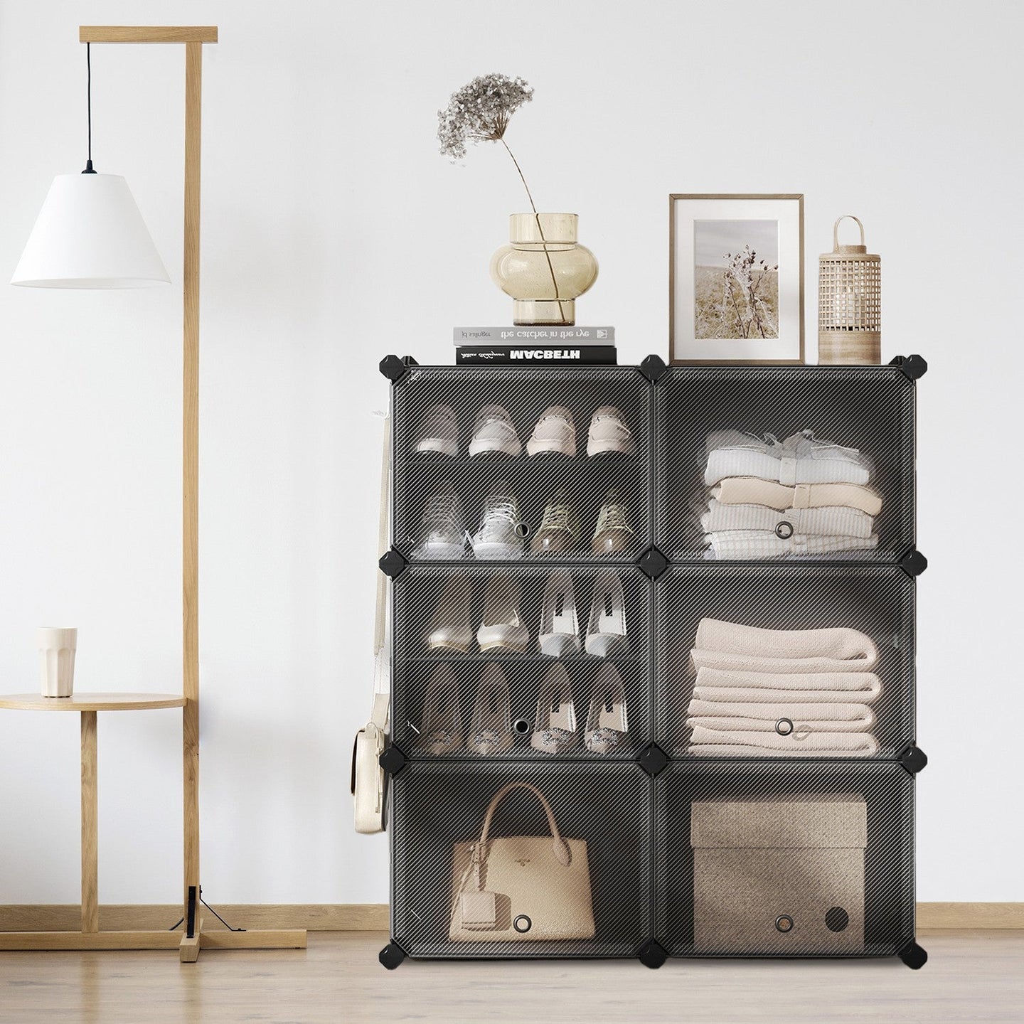 Modular Shoe Rack - Plastic - Black - Interlocking 12-Slot Design with Doors