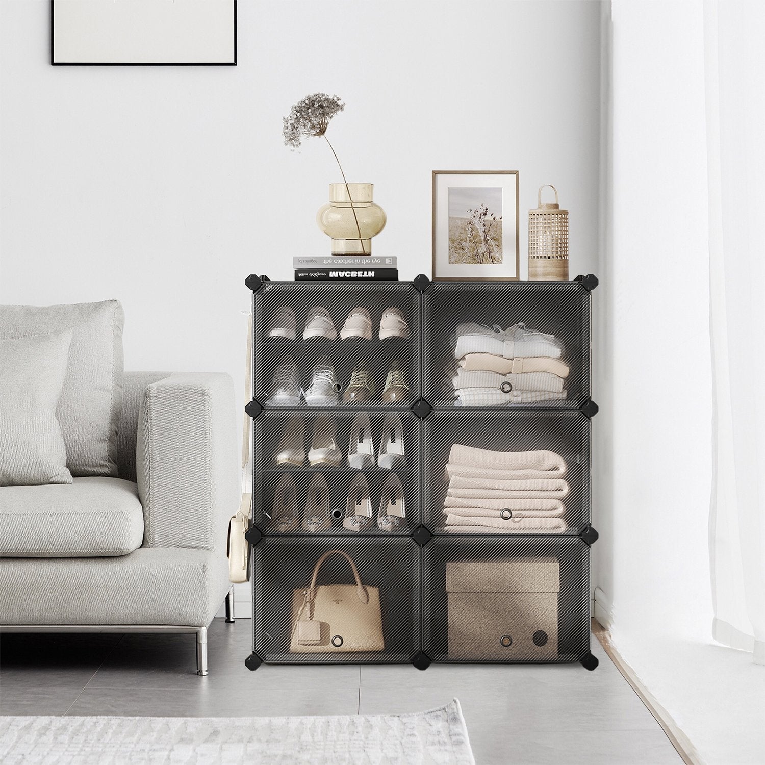 Modular Shoe Rack - Plastic - Black - Interlocking 12-Slot Design with Doors