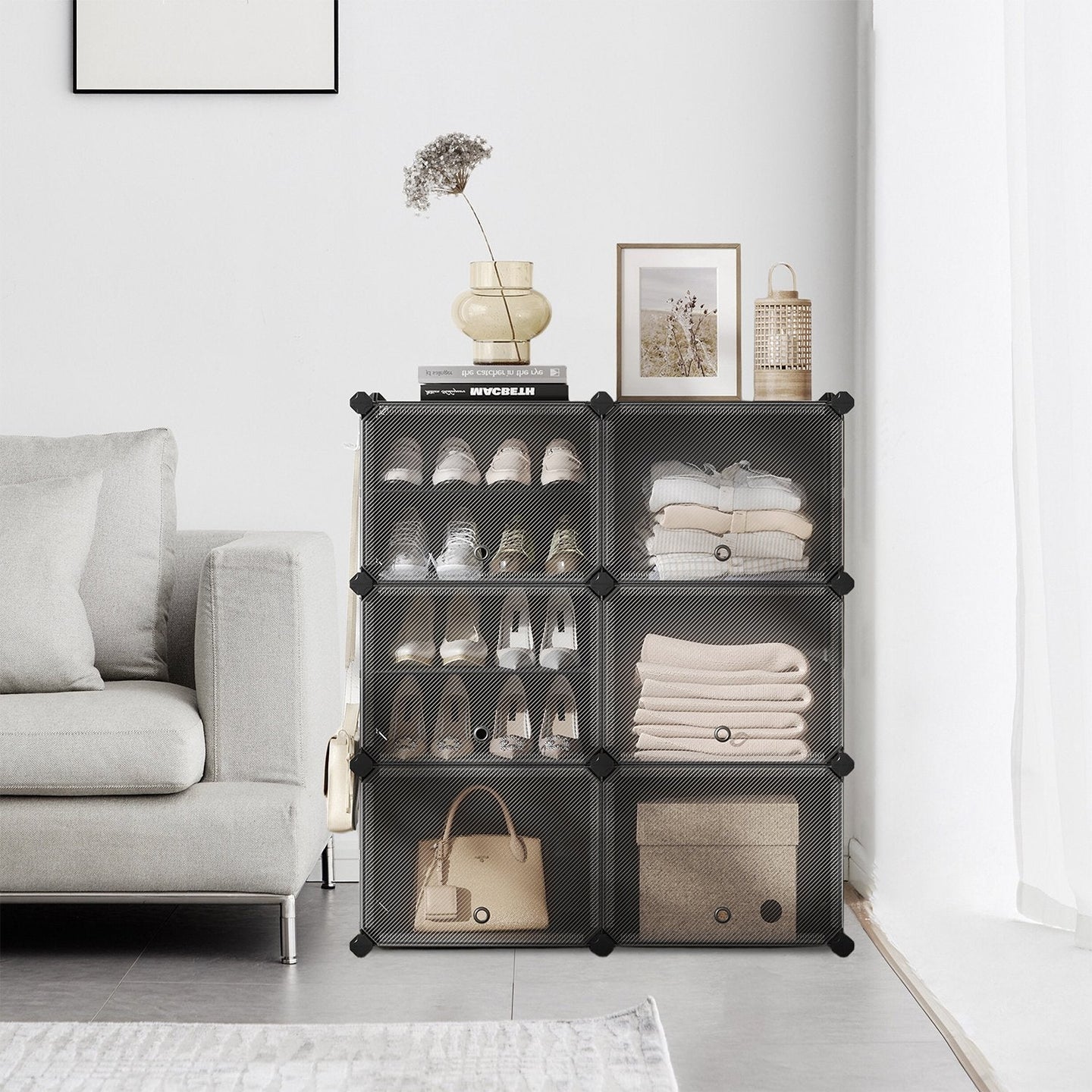 Modular Shoe Rack - Plastic - Black - Interlocking 12-Slot Design with Doors