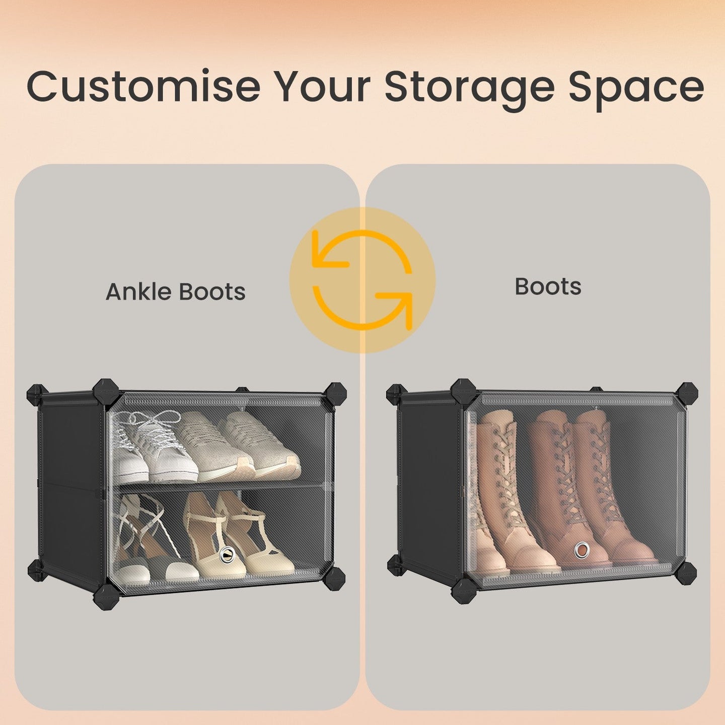 Modular Shoe Rack - Plastic - Black - Interlocking 12-Slot Design with Doors