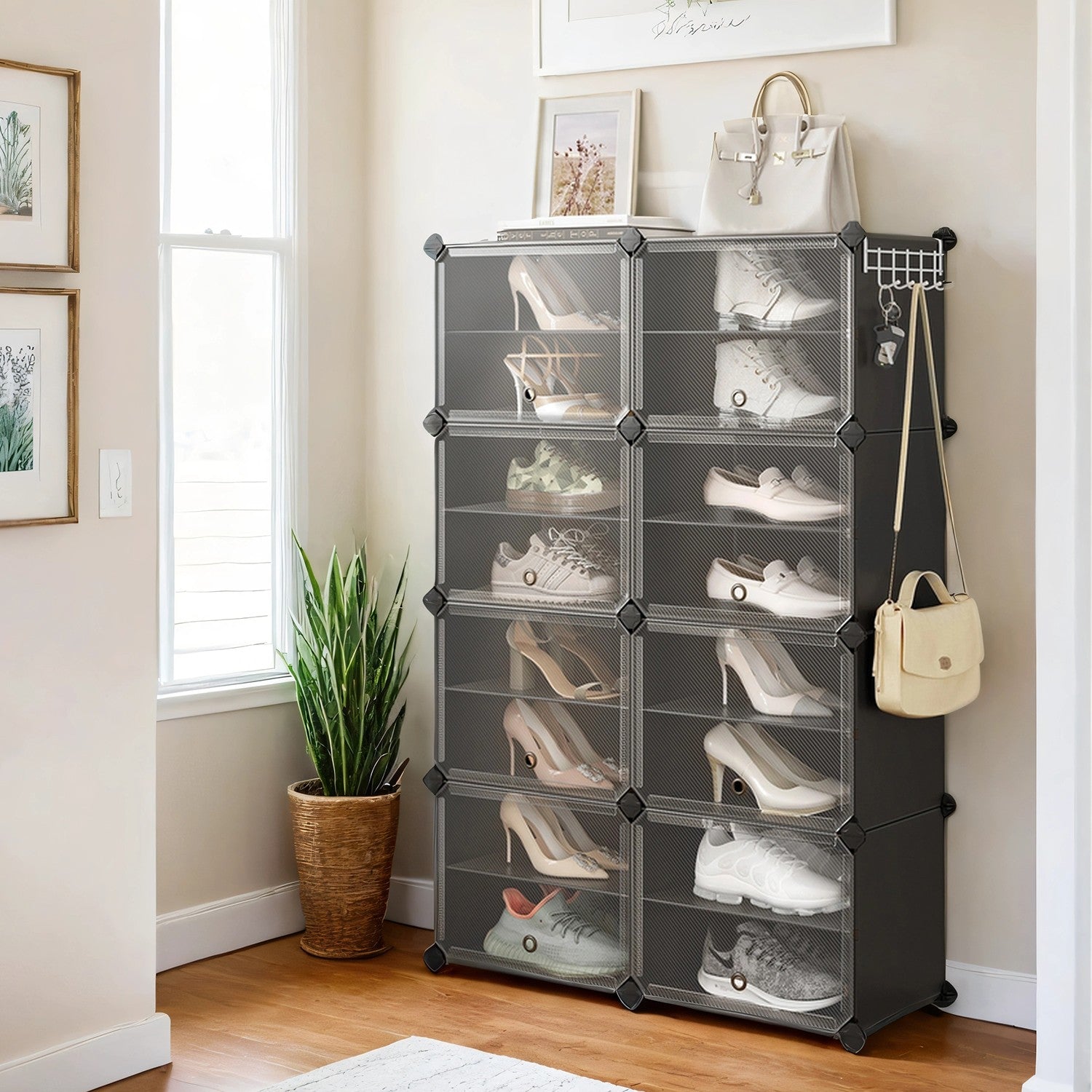 Modular Shoe Rack - Plastic - Black - 16-Slot Interlocking Design with Doors