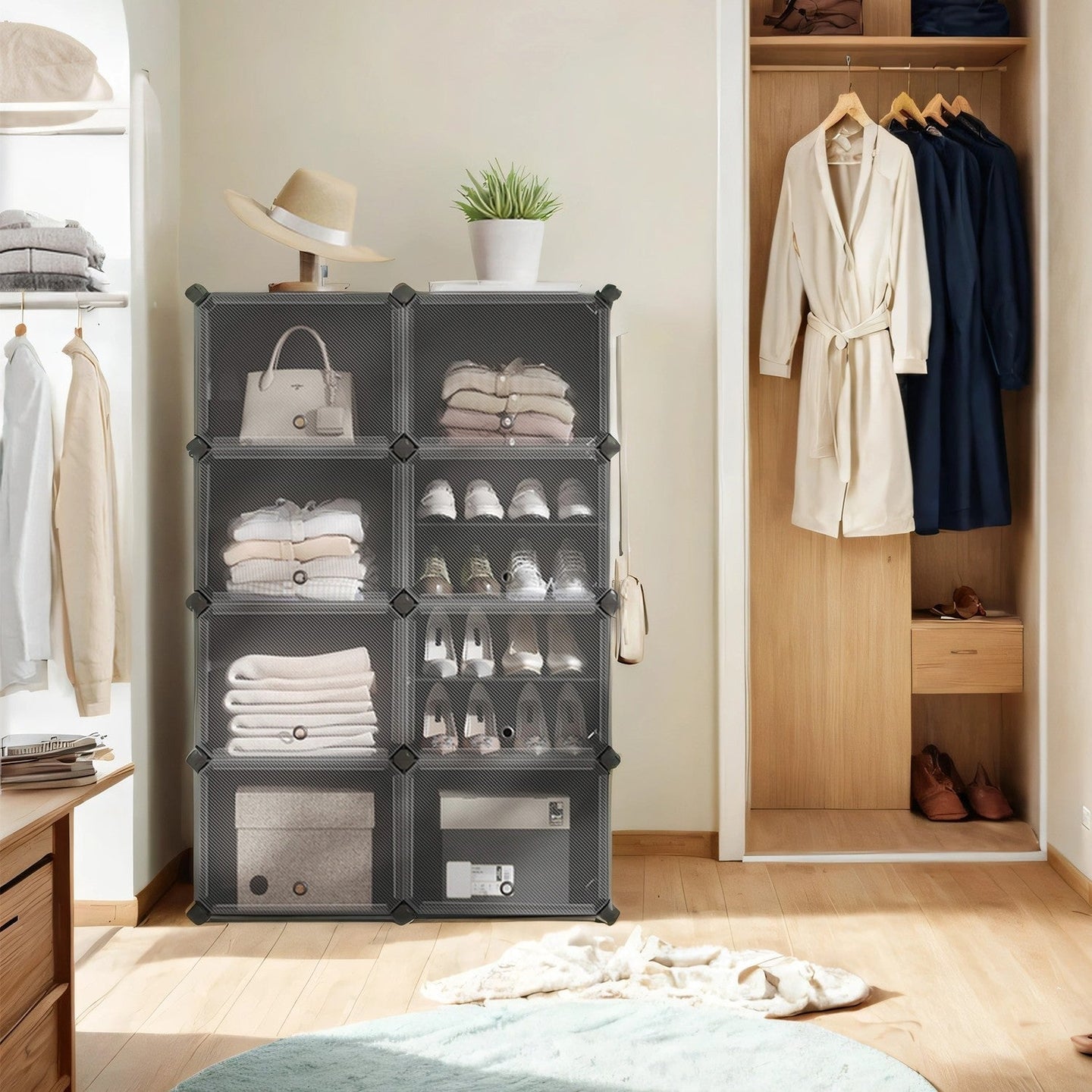 Modular Shoe Rack - Plastic - Black - 16-Slot Interlocking Design with Doors