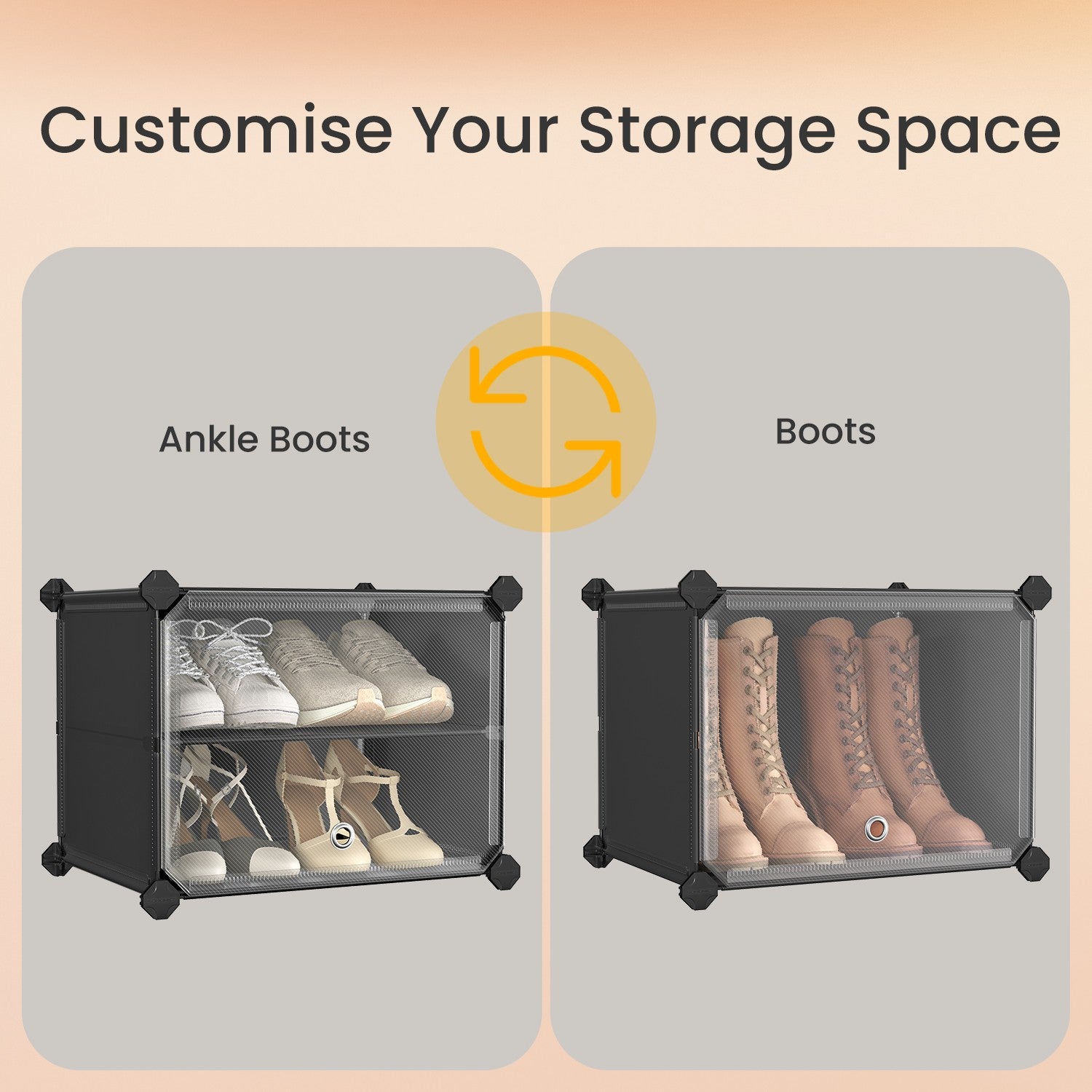 Modular Shoe Rack - Plastic - Black - 16-Slot Interlocking Design with Doors