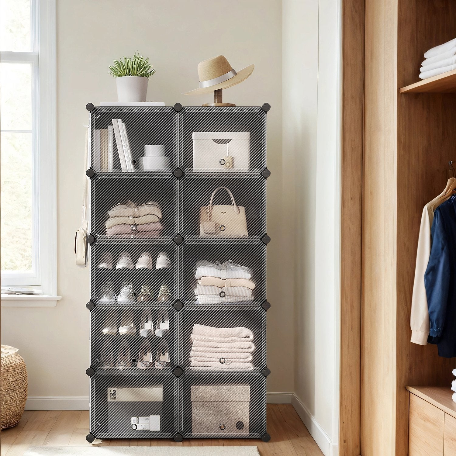Shoe Rack - Plastic - White - 10-Slot Modular Design with Doors