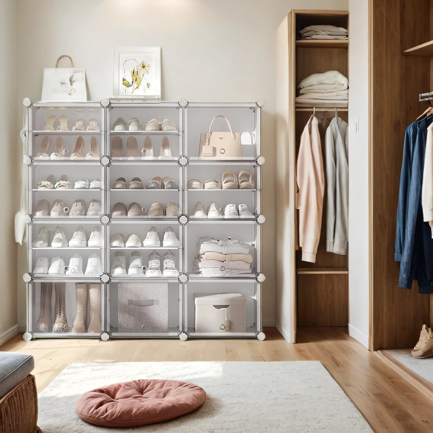 Modular Shoe Storage - Plastic - White - Interlocking Design with 12 Slots and Doors
