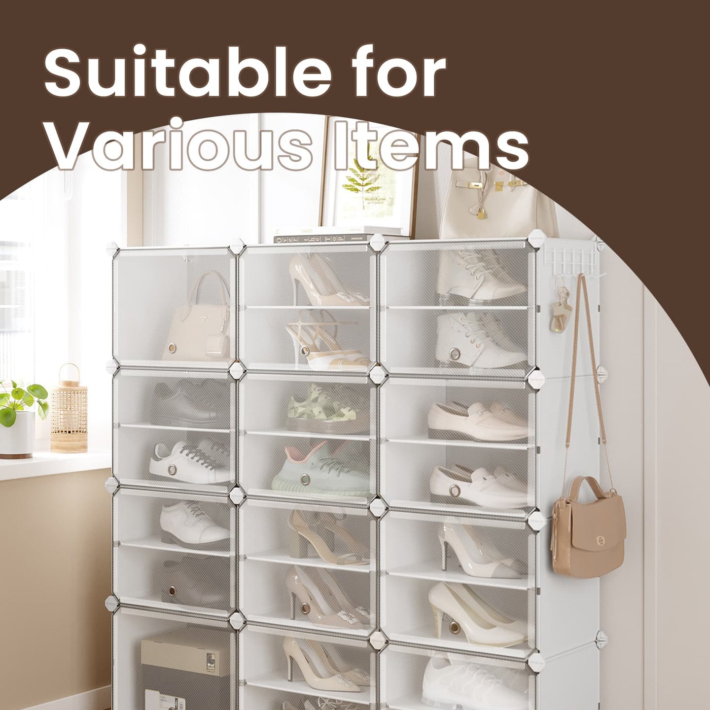 Modular Shoe Storage - Plastic - White - Interlocking Design with 12 Slots and Doors