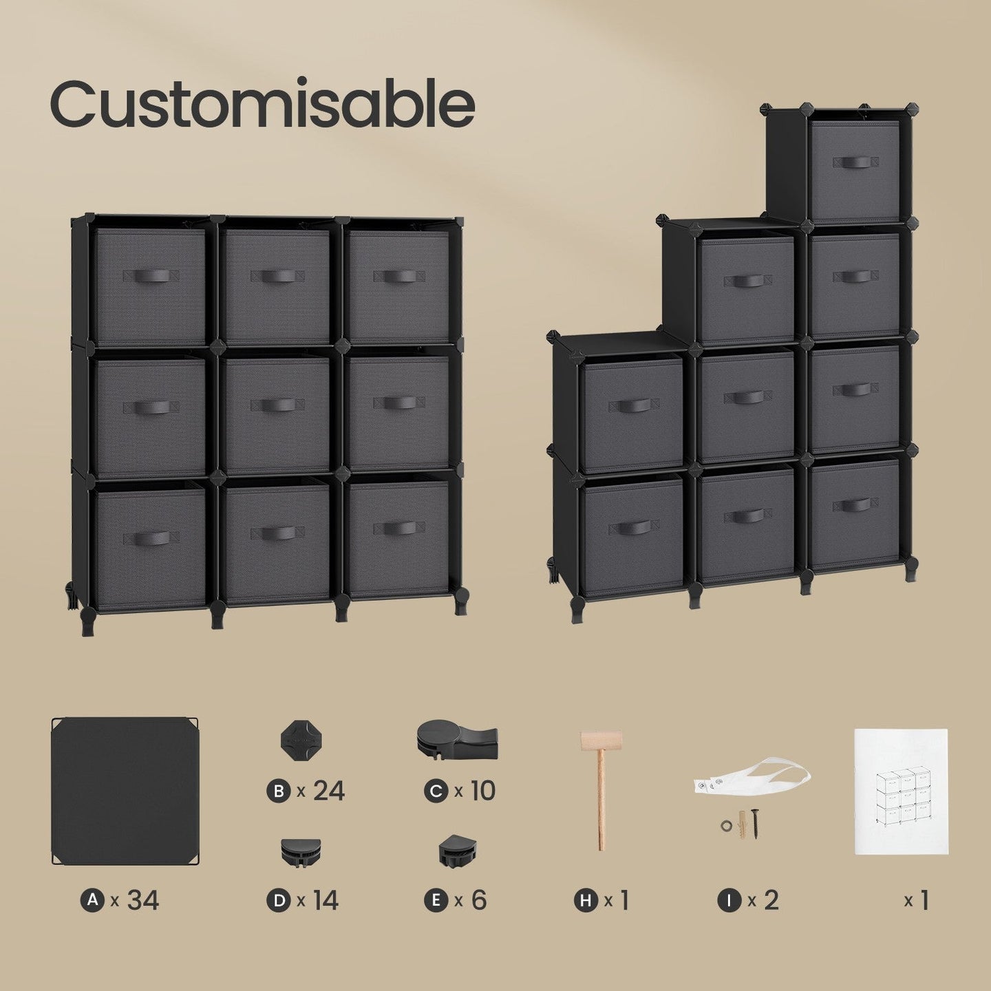 9-Cube Storage Organizer - Non-Woven Fabric - Black and Grey - Customizable Modular Design