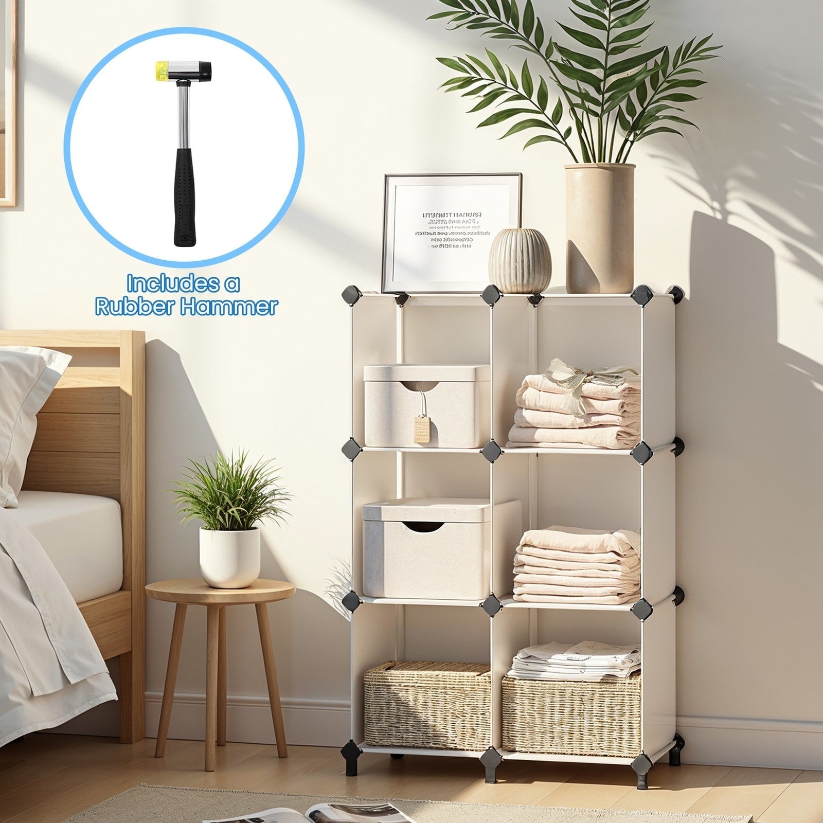 Modular Cube Storage Organiser - Plastic - Black - 6 Cubes with Feet and Metal Grid