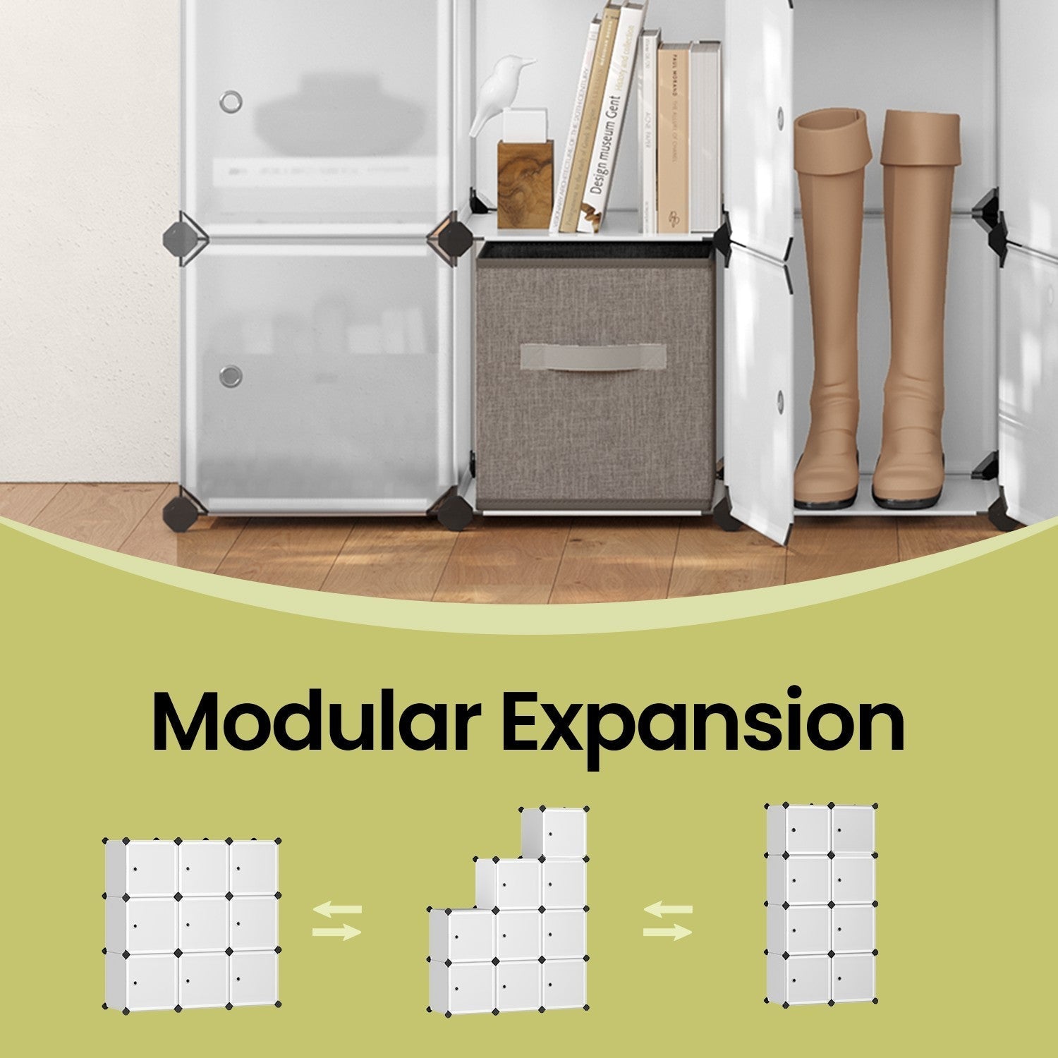 Modular Storage Unit - Quality Plastic - White - Interlocking 12-Cube Design with Doors