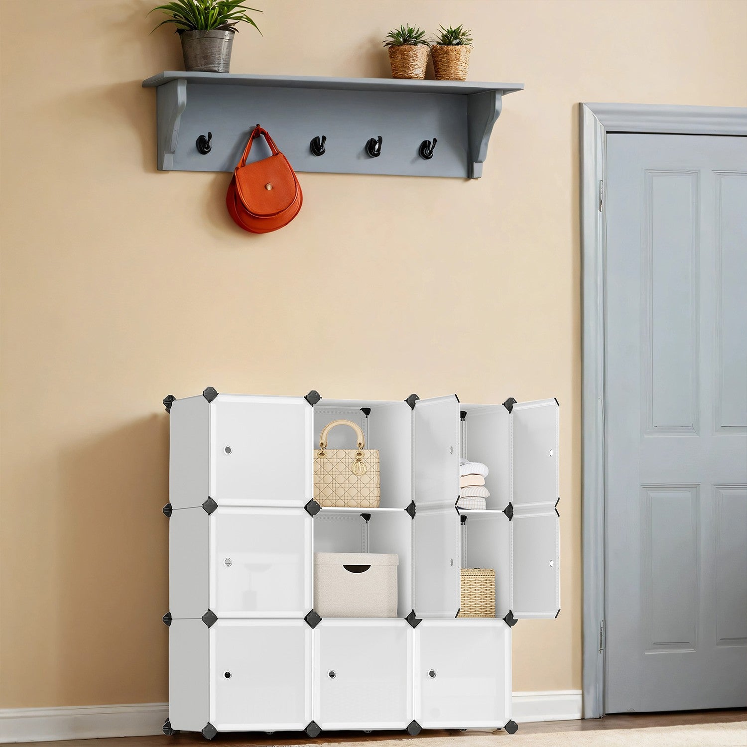 Modular Storage Unit - Quality Plastic - White - Interlocking 12-Cube Design with Doors