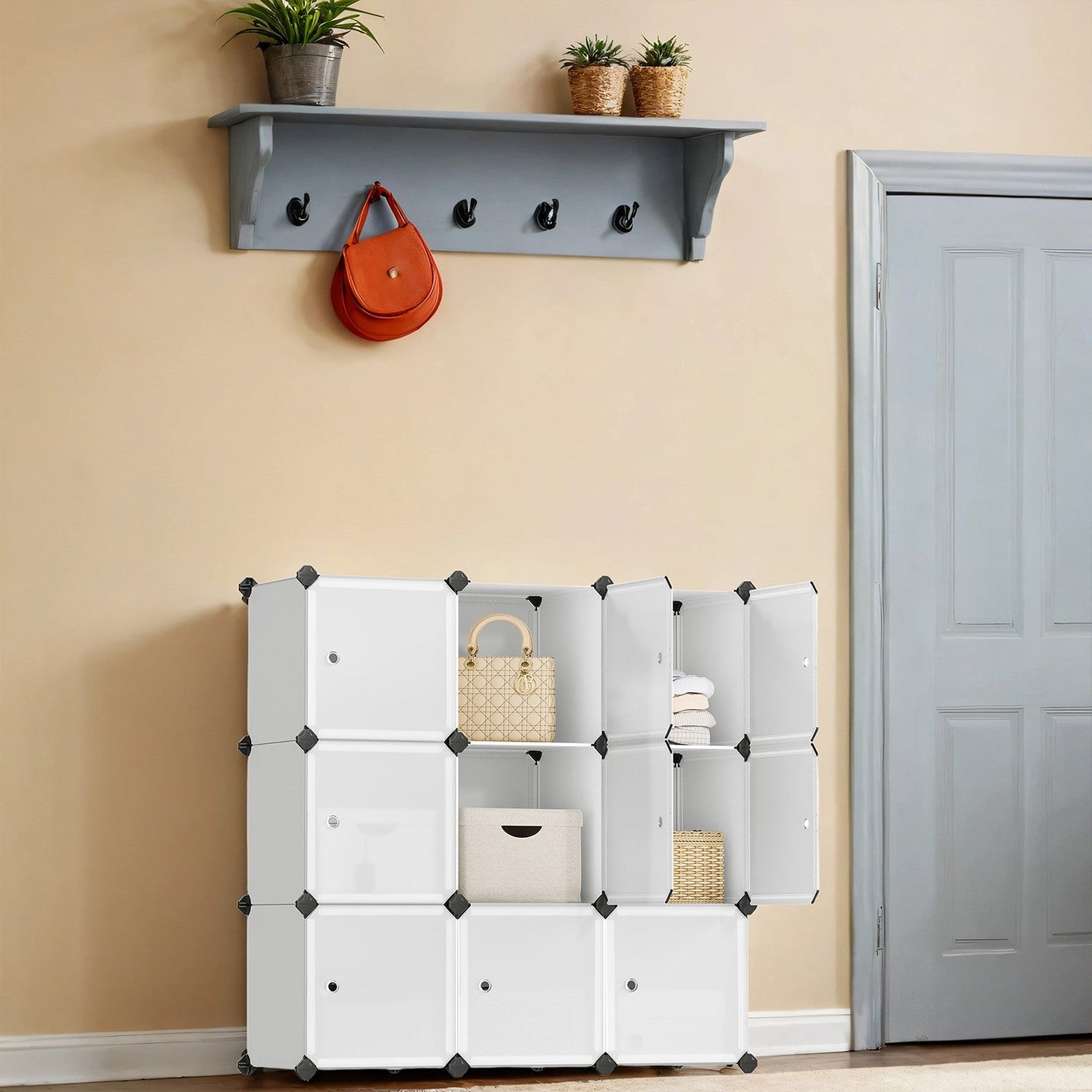 Modular Storage Unit - Quality Plastic - White - Interlocking 12-Cube Design with Doors