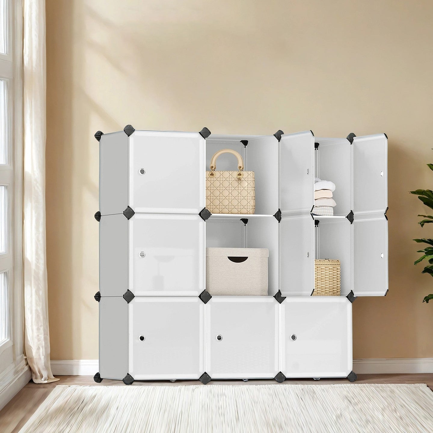 Modular Storage Unit - Quality Plastic - White - Interlocking 12-Cube Design with Doors