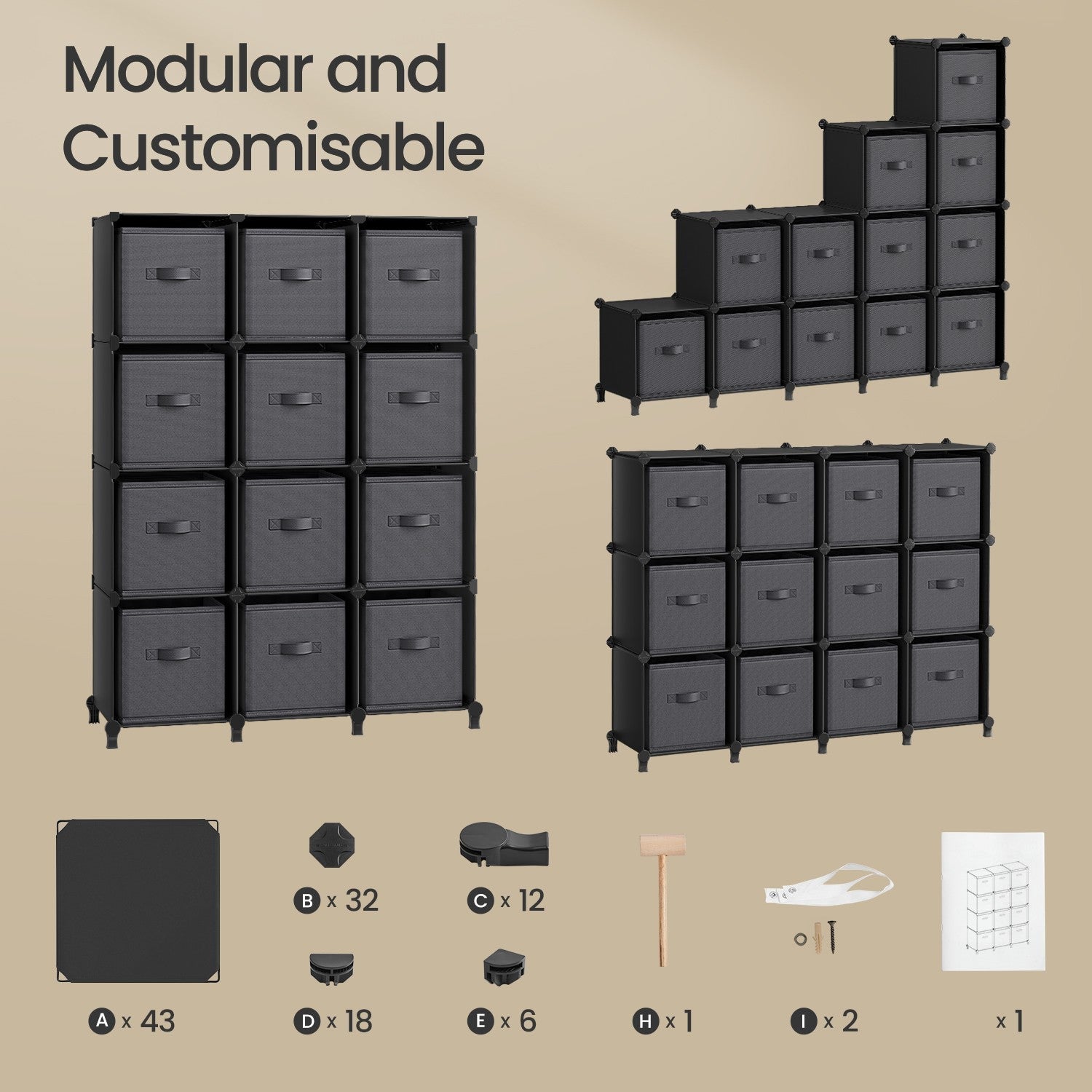 12-Cube Storage Organizer - Non-Woven Fabric - Black and Grey