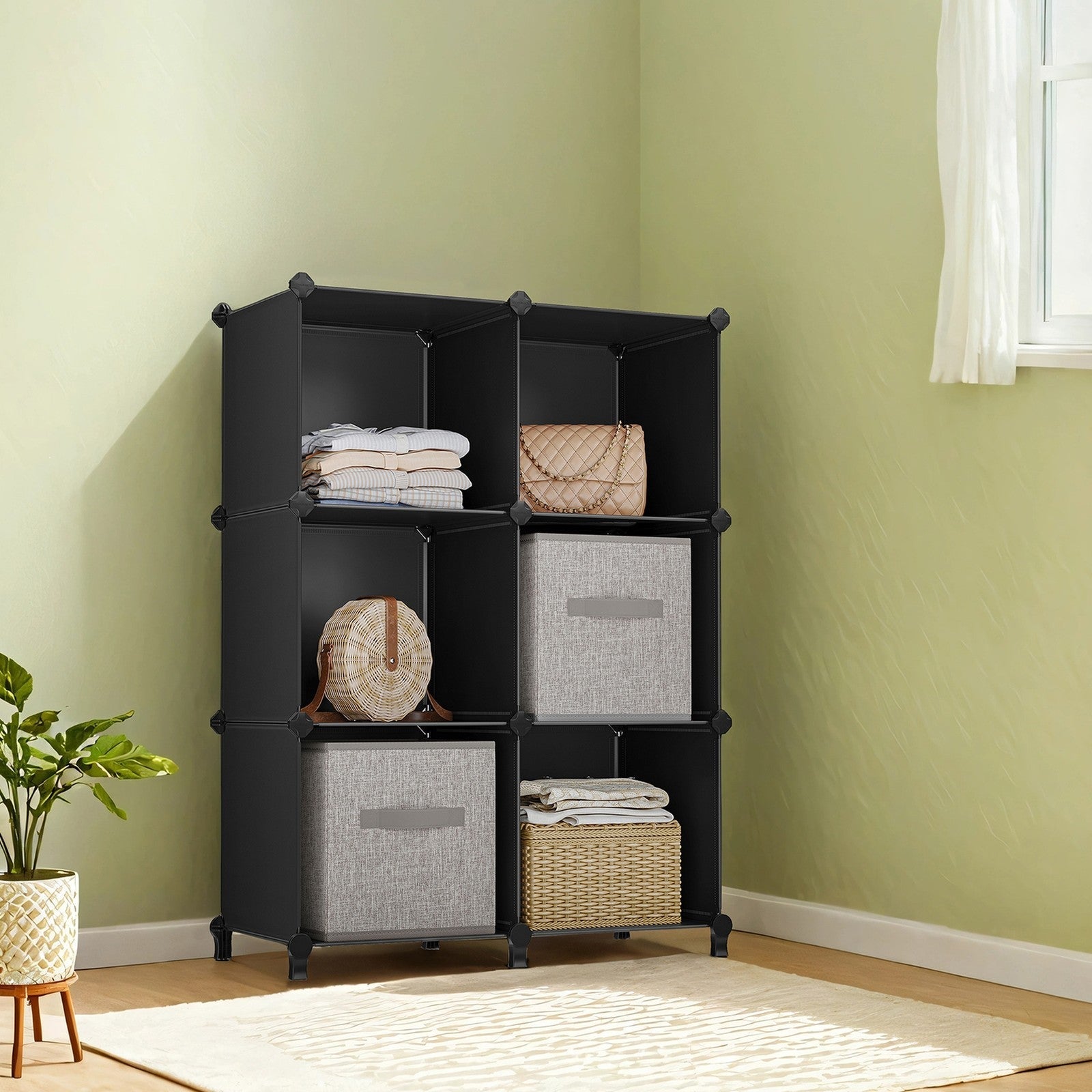 Modular Storage Shelf - Plastic - Black - 6 Cube Organizer with Top Metal Grid