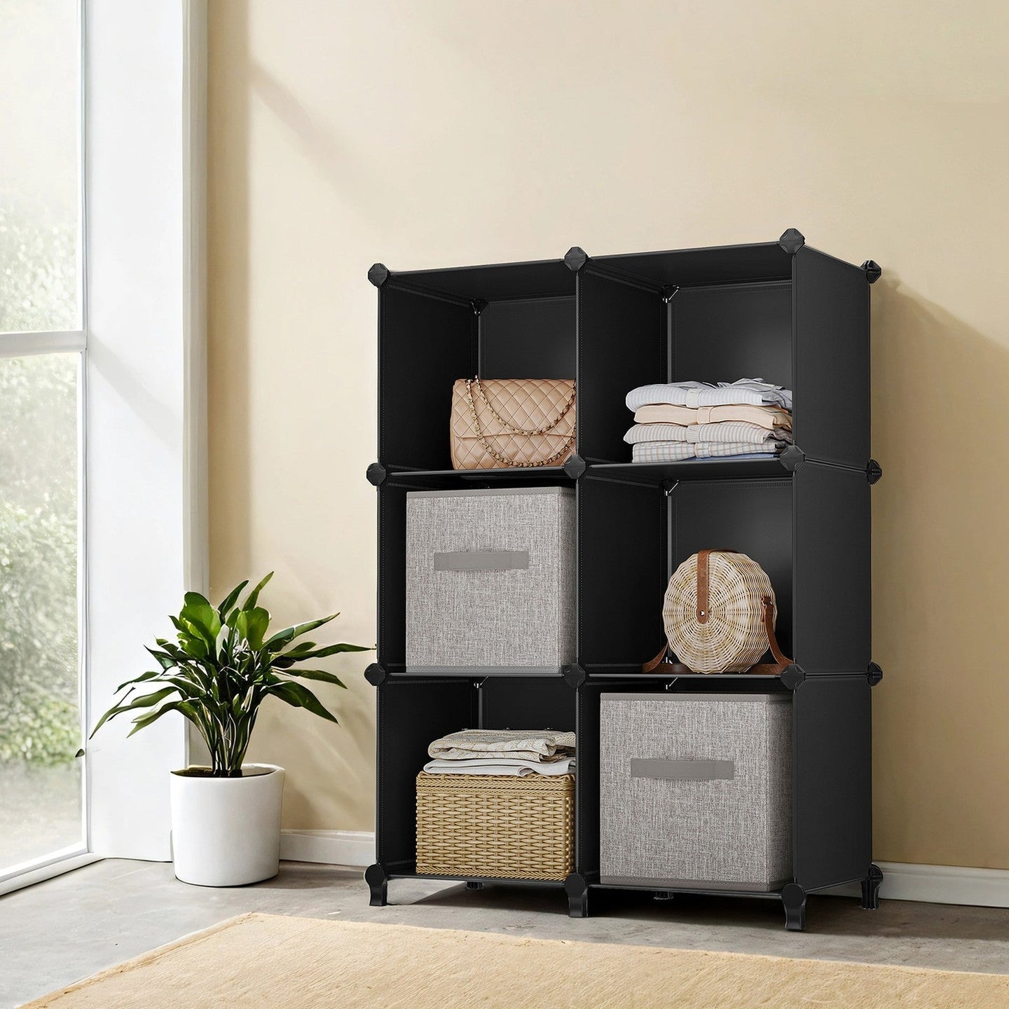 Modular Storage Shelf - Plastic - Black - 6 Cube Organizer with Top Metal Grid