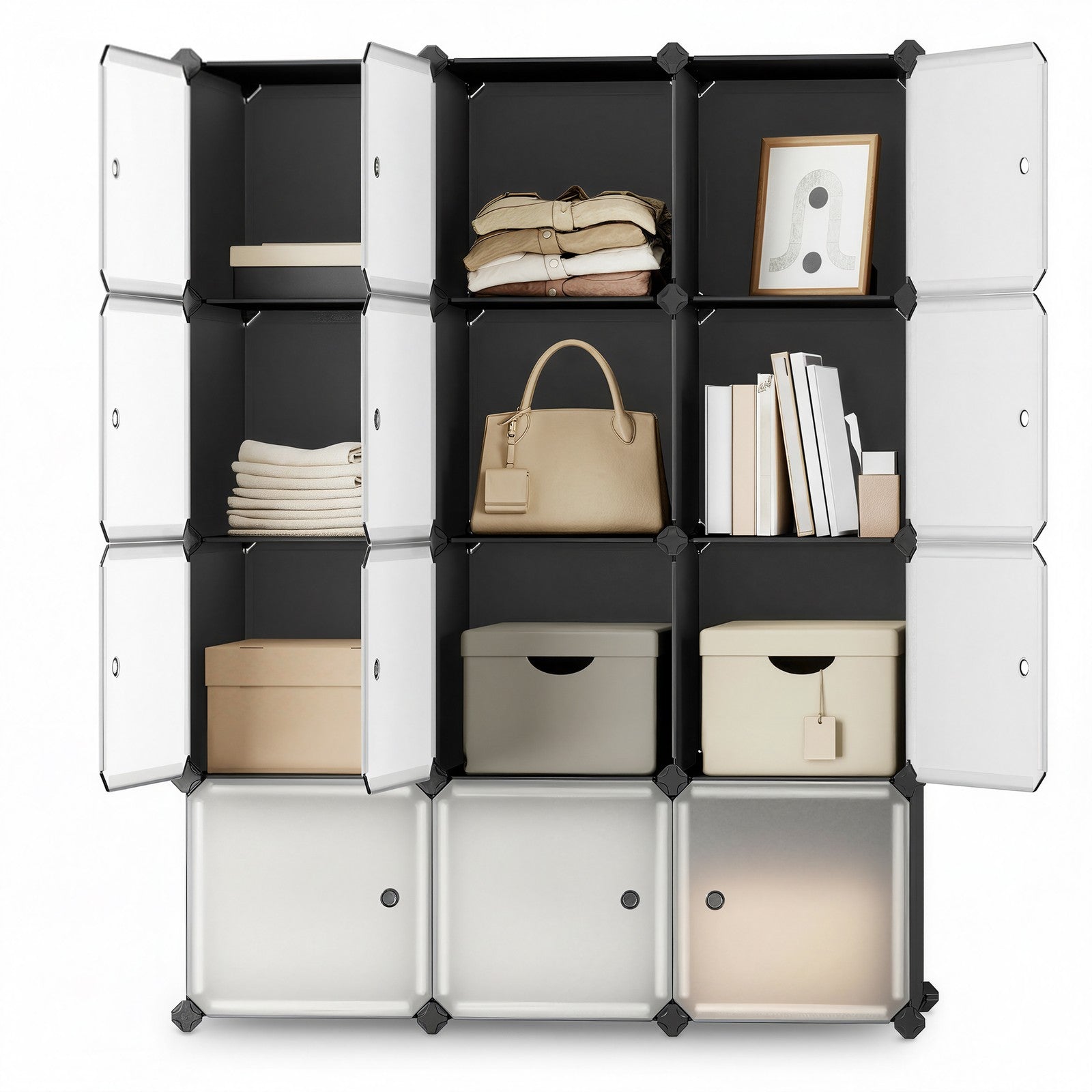 Modular Storage Shelf - Plastic - Black - 12 Cube Design with Doors