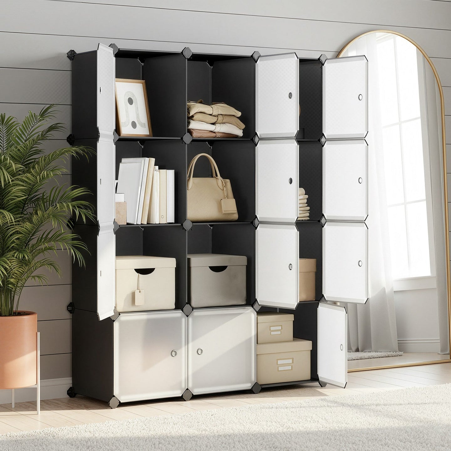 Modular Storage Shelf - Plastic - Black - 12 Cube Design with Doors