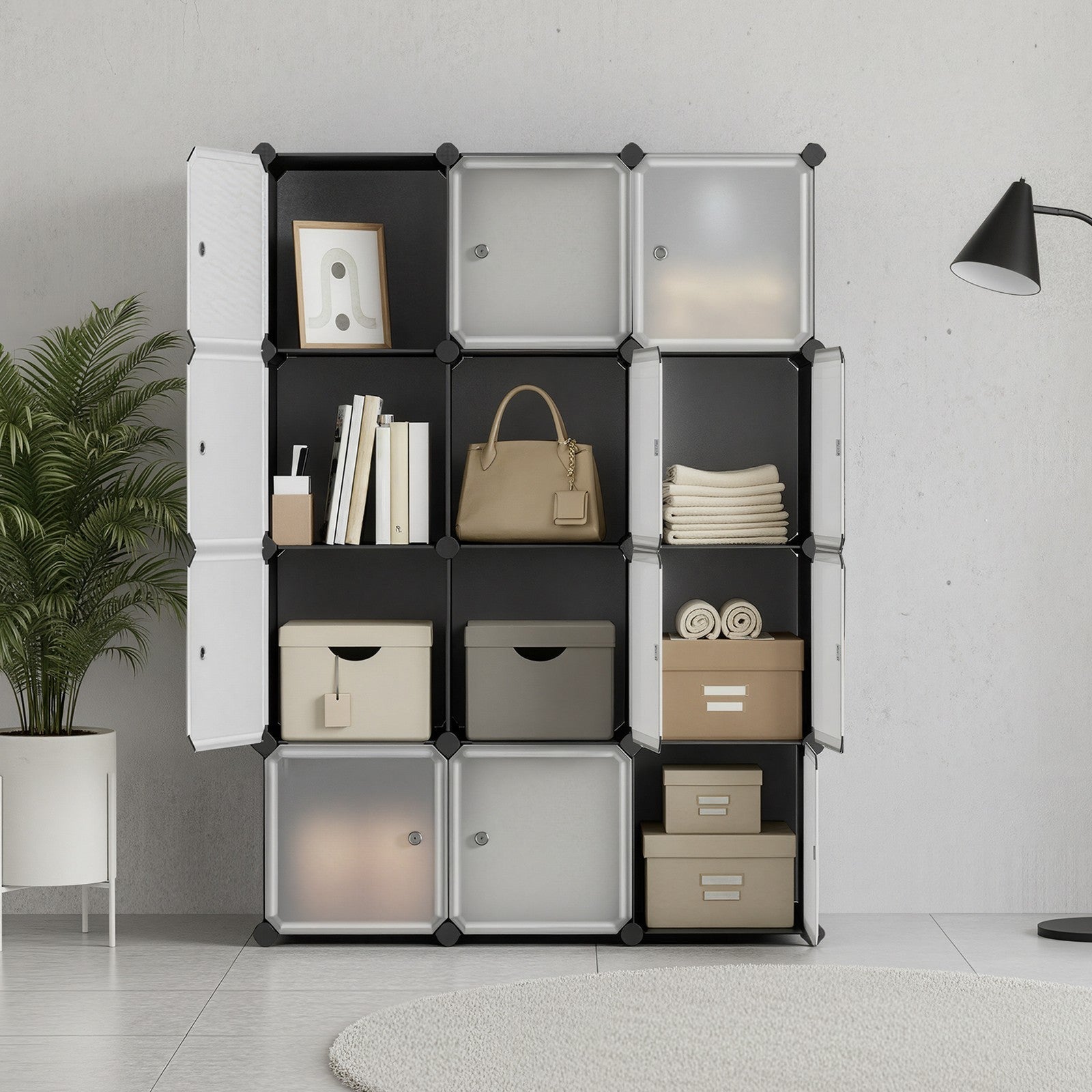 Modular Storage Shelf - Plastic - Black - 12 Cube Design with Doors