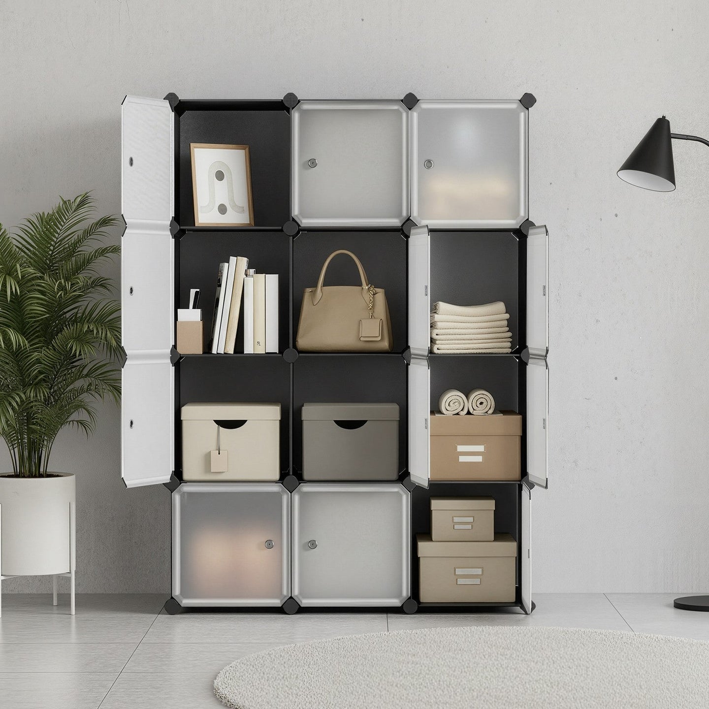Modular Storage Shelf - Plastic - Black - 12 Cube Design with Doors