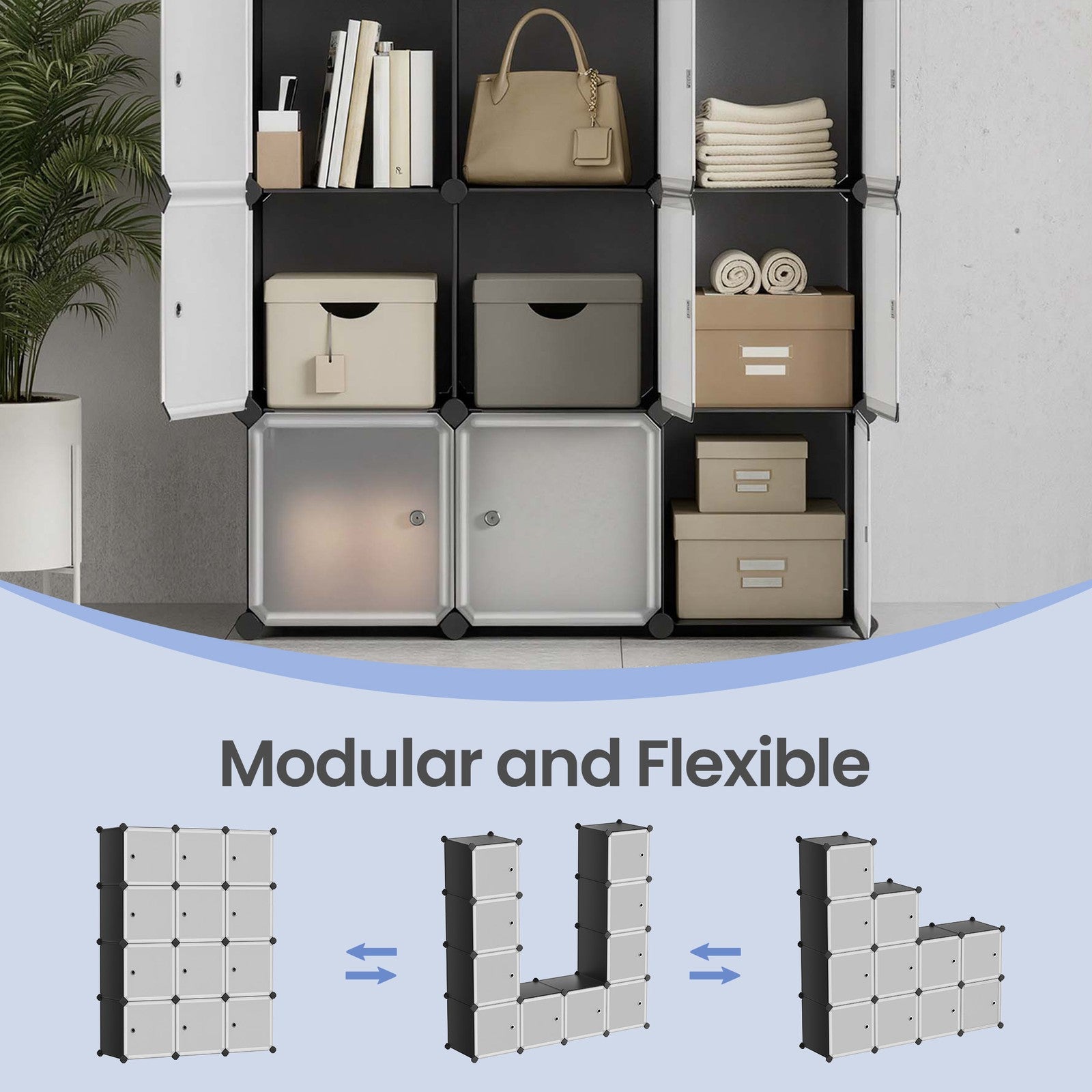 Modular Storage Shelf - Plastic - Black - 12 Cube Design with Doors