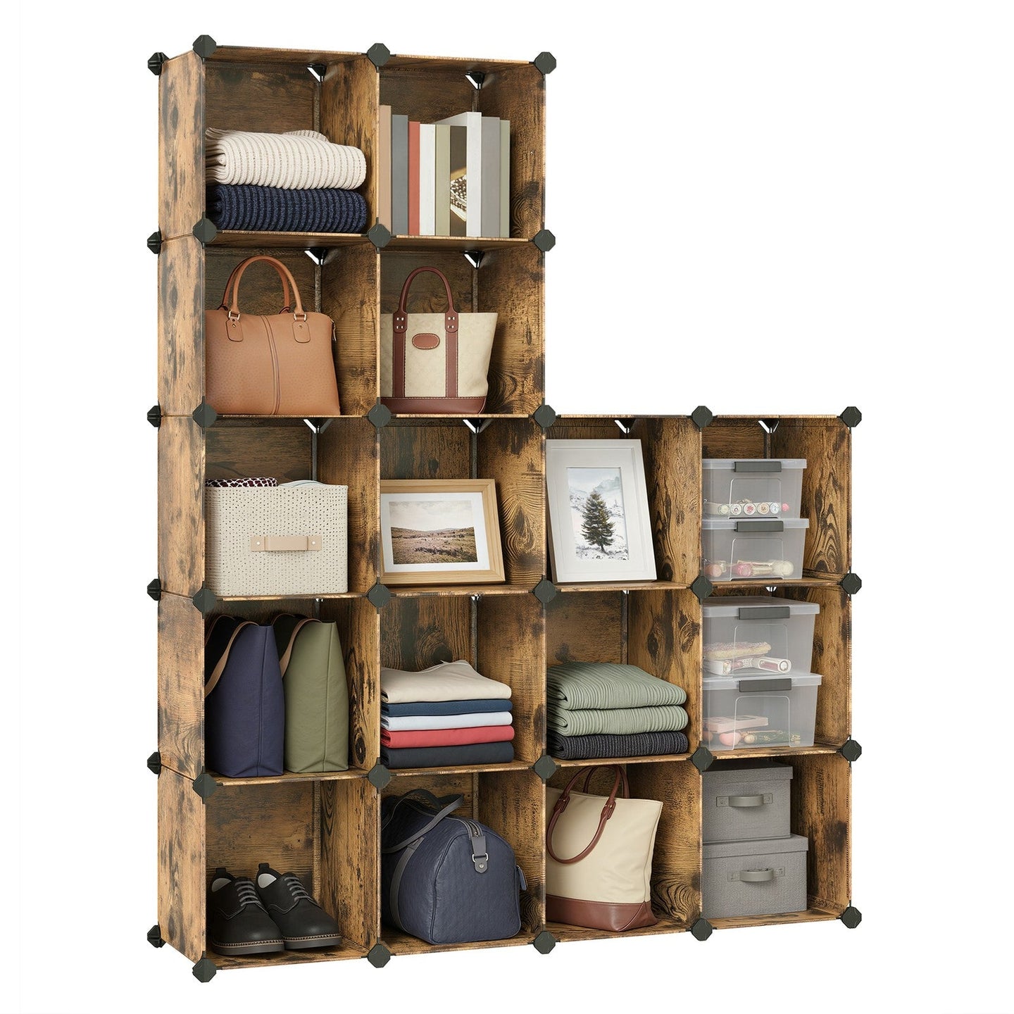 16-Cube Storage Organizer - PP Plastic - Rustic Brown - Stackable and Versatile Shelving System