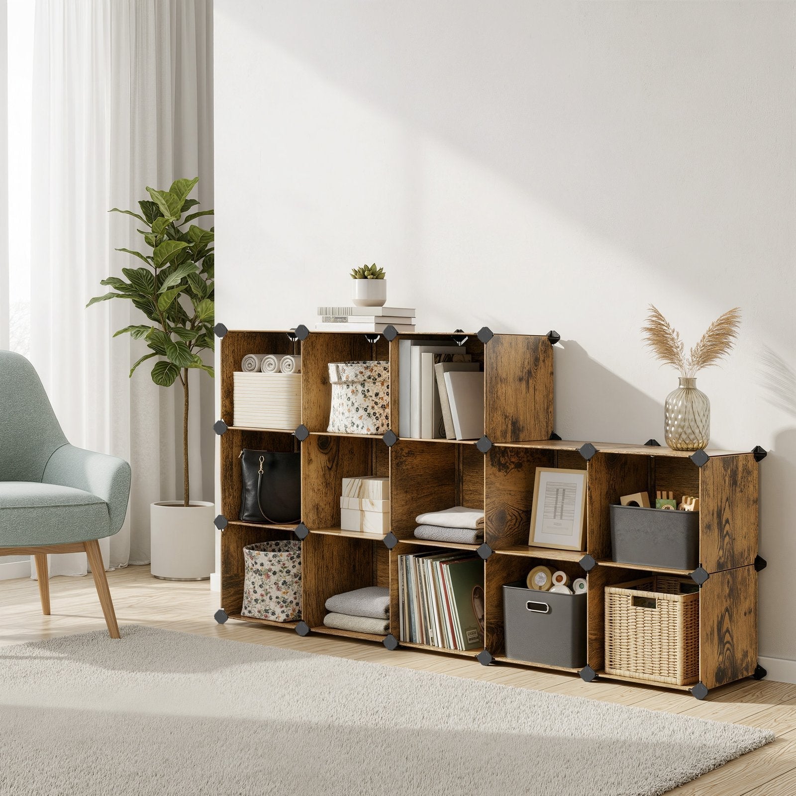 16-Cube Storage Organizer - PP Plastic - Rustic Brown - Stackable and Versatile Shelving System